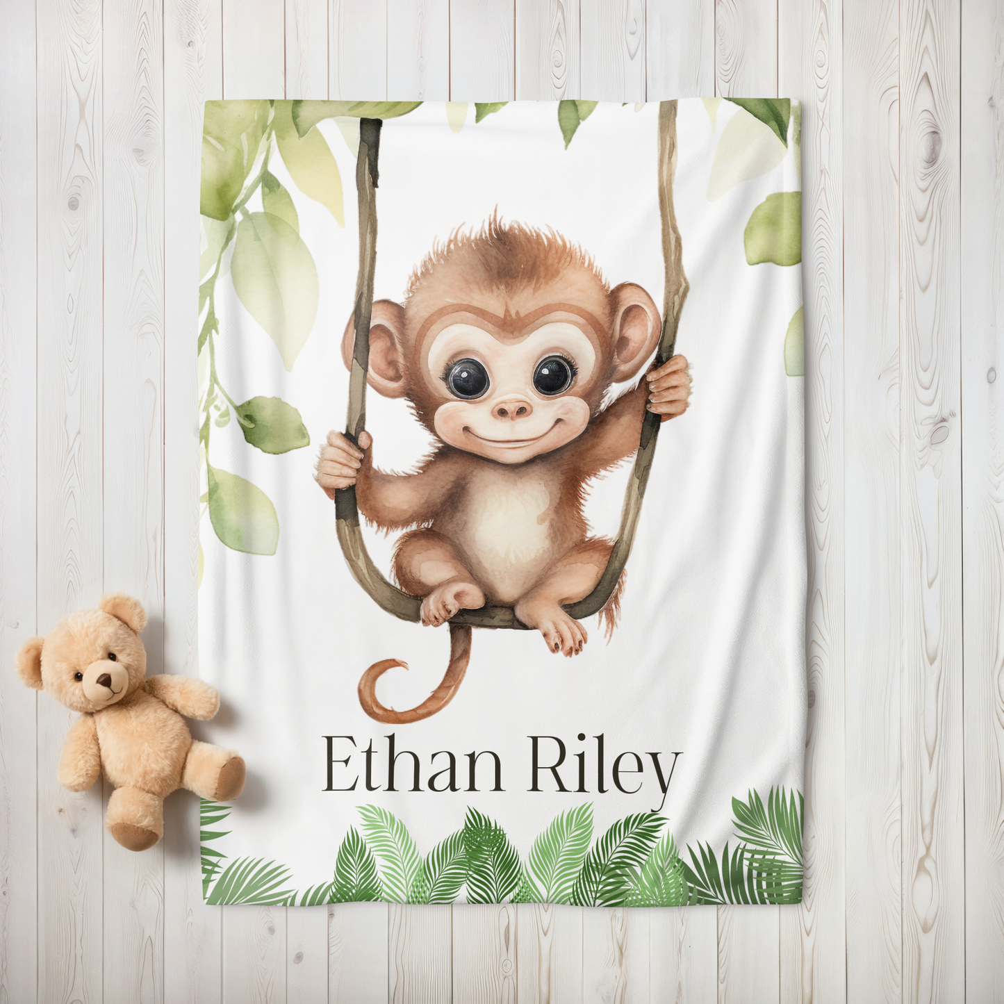 Custom Baby Monkey Blanket, New Baby Gift, Baby Shower Gift, Gift For Boy, Safari Nursery Blanket, Toddler Blanket