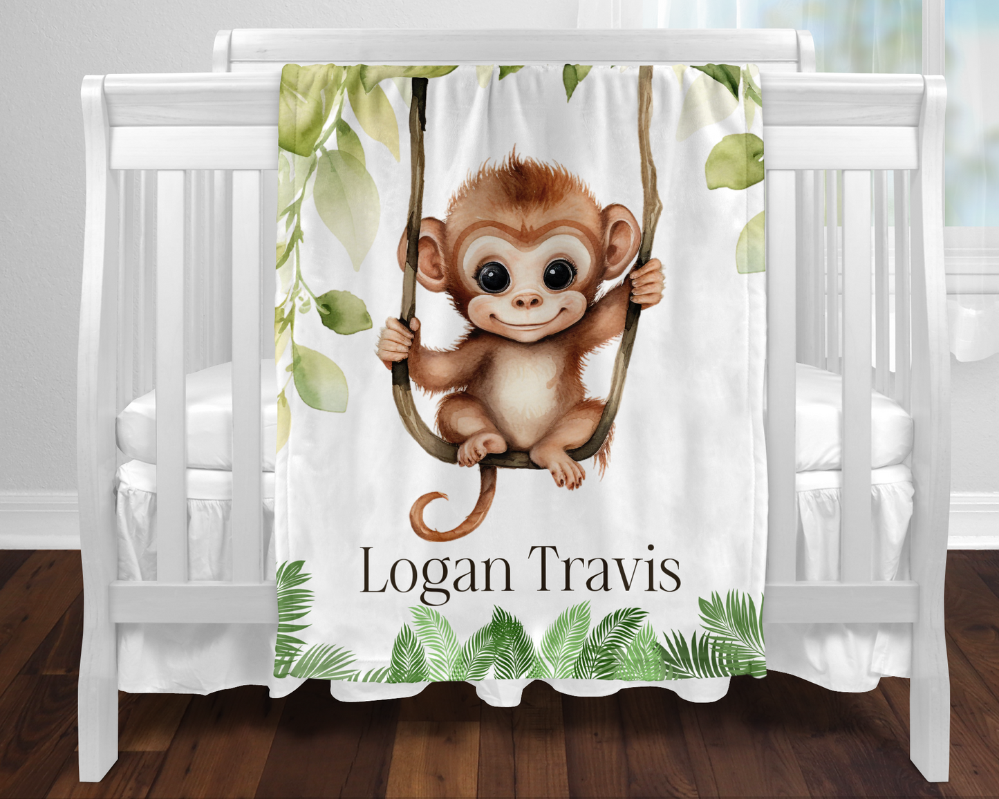 Custom Baby Monkey Blanket, New Baby Gift, Baby Shower Gift, Gift For Boy, Safari Nursery Blanket, Toddler Blanket