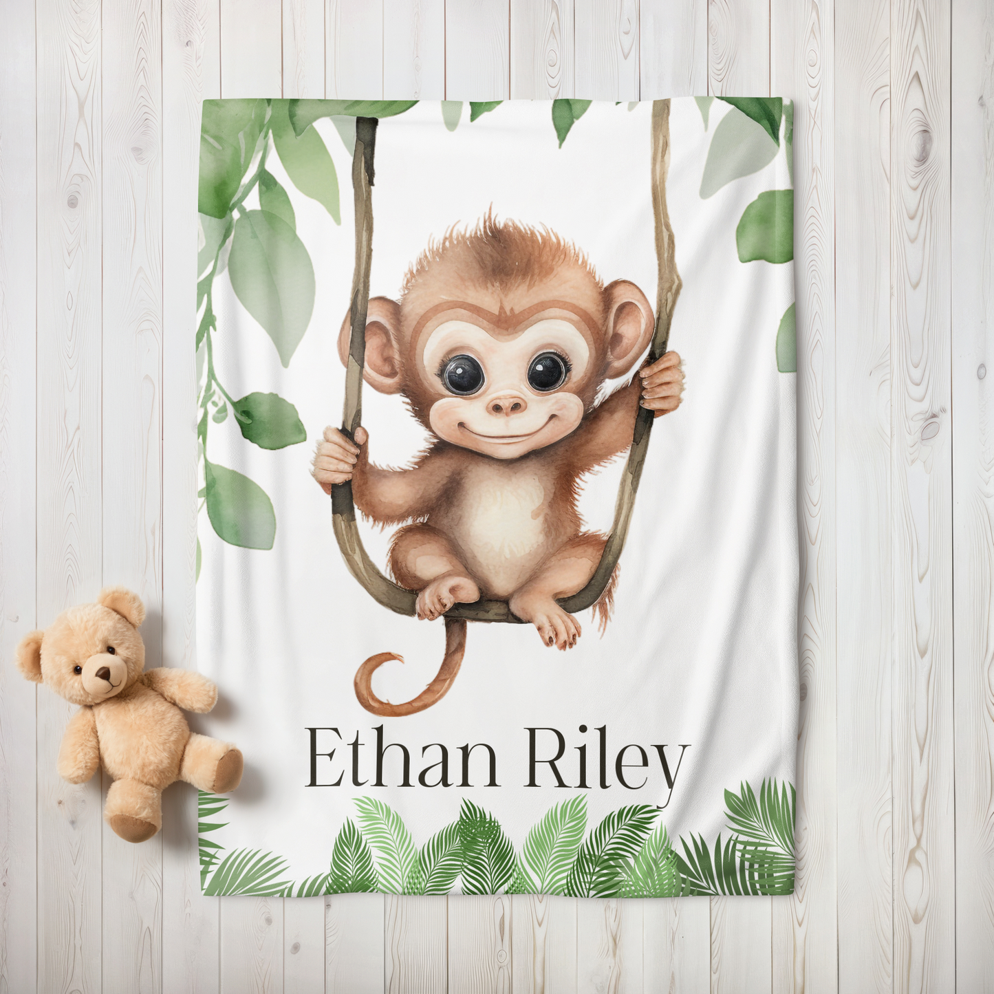 Custom Baby Monkey Blanket, New Baby Gift, Baby Shower Gift, Gift For Boy, Safari Nursery Blanket, Toddler Blanket