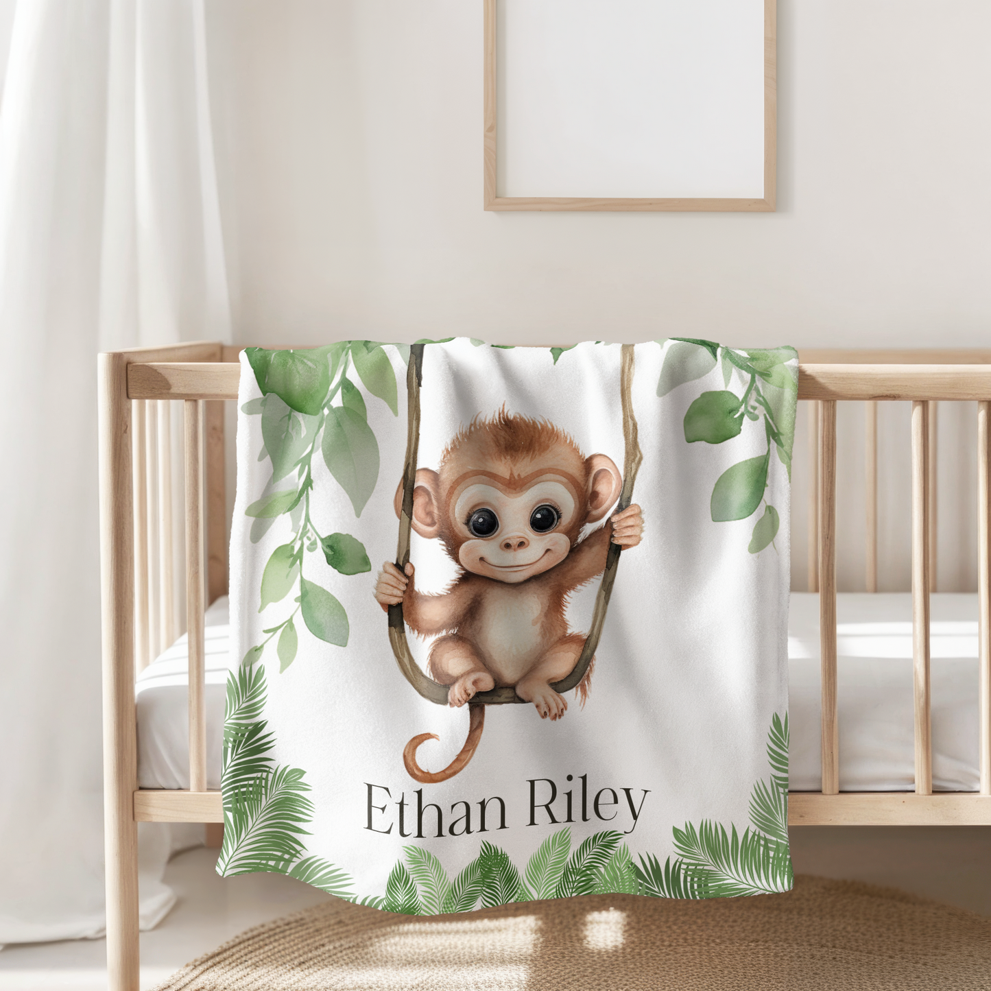 Custom Baby Monkey Blanket, New Baby Gift, Baby Shower Gift, Gift For Boy, Safari Nursery Blanket, Toddler Blanket
