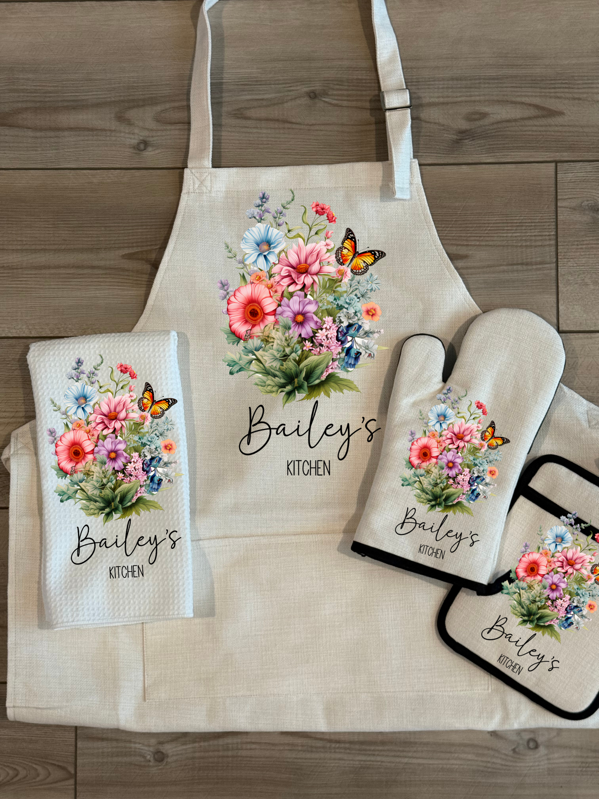 Custom Linen Apron Set, Personalized Oven Mitt Pot Holder Apron Set, Wildflowers  Towel Gift Set, Gift For Her, Hostess Housewarming Gift