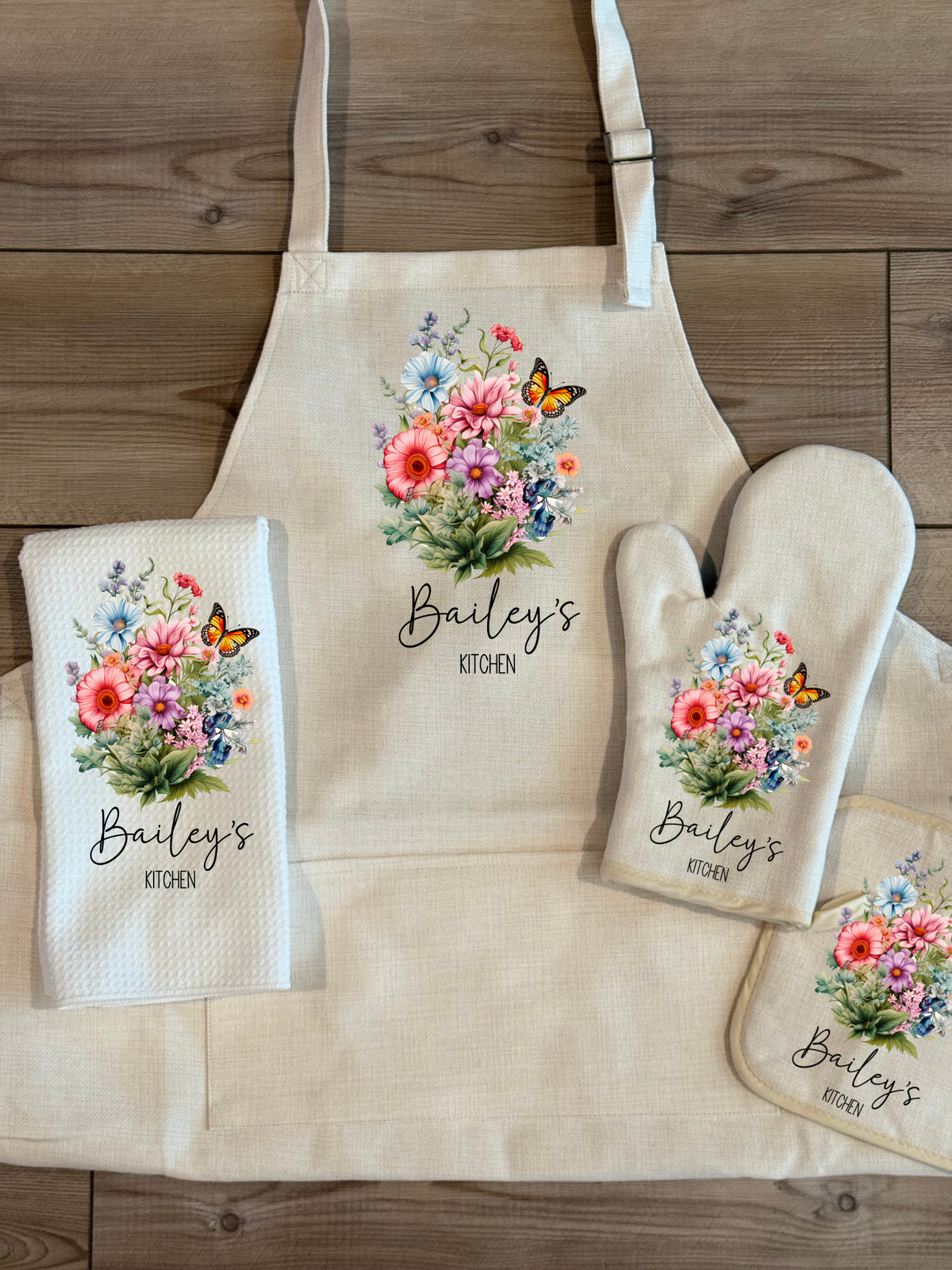 Custom Linen Apron Set, Personalized Oven Mitt Pot Holder Apron Set, Wildflowers  Towel Gift Set, Gift For Her, Hostess Housewarming Gift