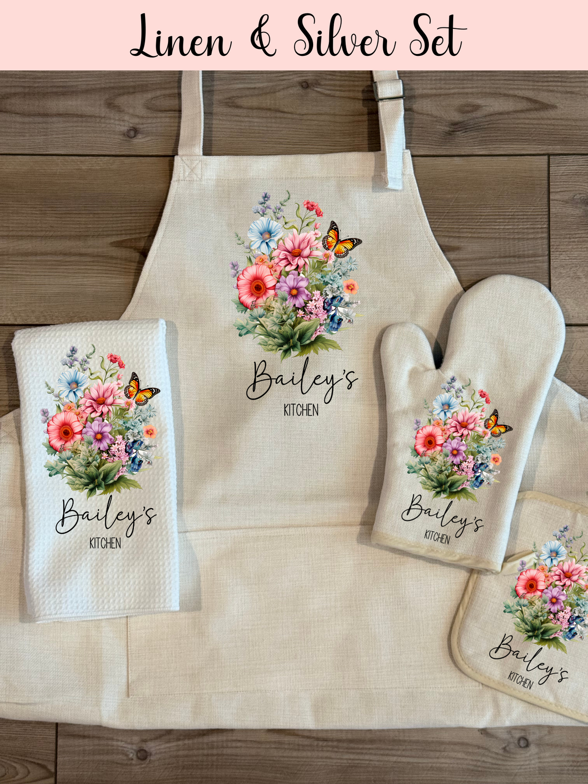 Custom Linen Apron Set, Personalized Oven Mitt Pot Holder Apron Set, Wildflowers  Towel Gift Set, Gift For Her, Hostess Housewarming Gift