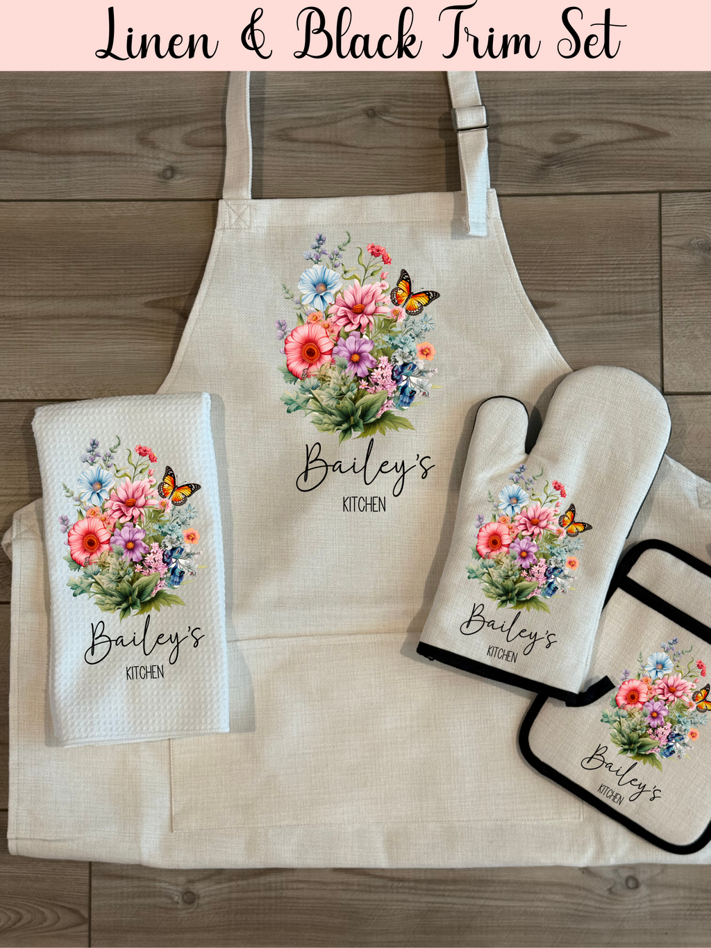 Custom Linen Apron Set, Personalized Oven Mitt Pot Holder Apron Set, Wildflowers  Towel Gift Set, Gift For Her, Hostess Housewarming Gift