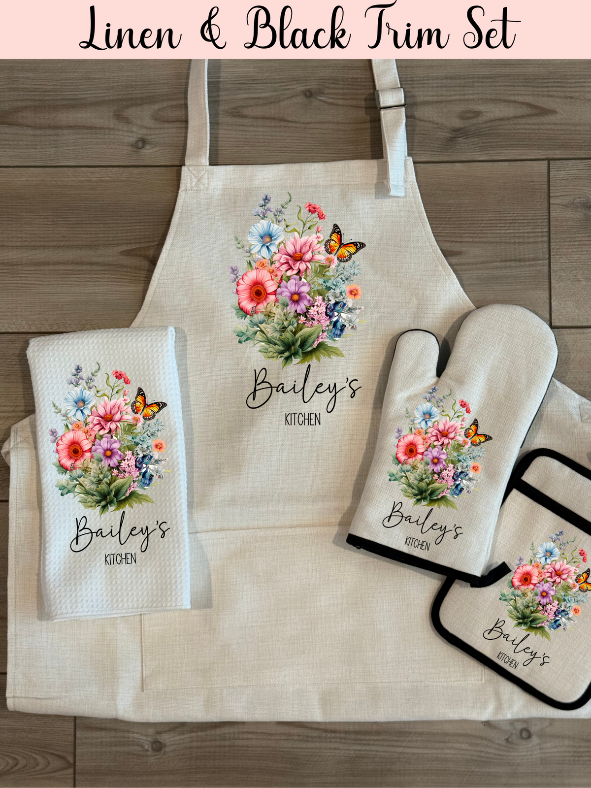 Custom Linen Apron Set, Personalized Oven Mitt Pot Holder Apron Set, Wildflowers  Towel Gift Set, Gift For Her, Hostess Housewarming Gift