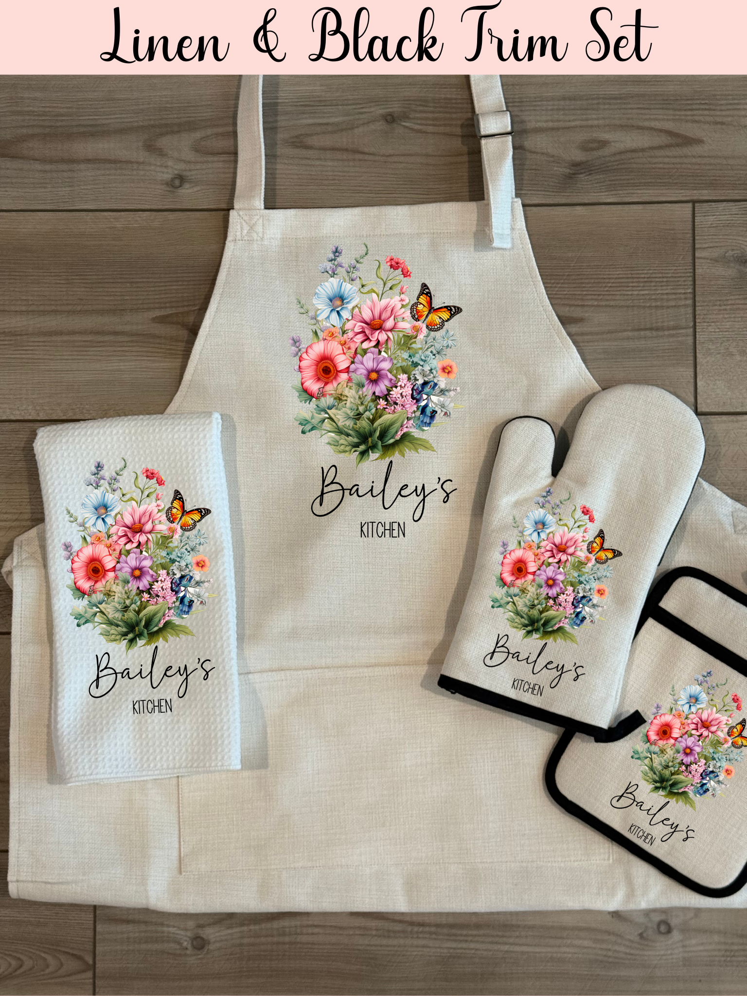 Custom Linen Apron Set, Personalized Oven Mitt Pot Holder Apron Set, Wildflowers  Towel Gift Set, Gift For Her, Hostess Housewarming Gift