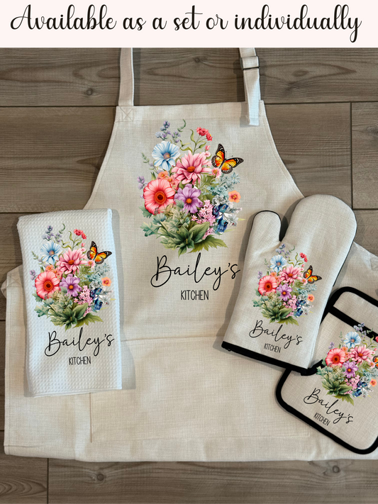 Custom Linen Apron Set, Personalized Oven Mitt Pot Holder Apron Set, Wildflowers  Towel Gift Set, Gift For Her, Hostess Housewarming Gift
