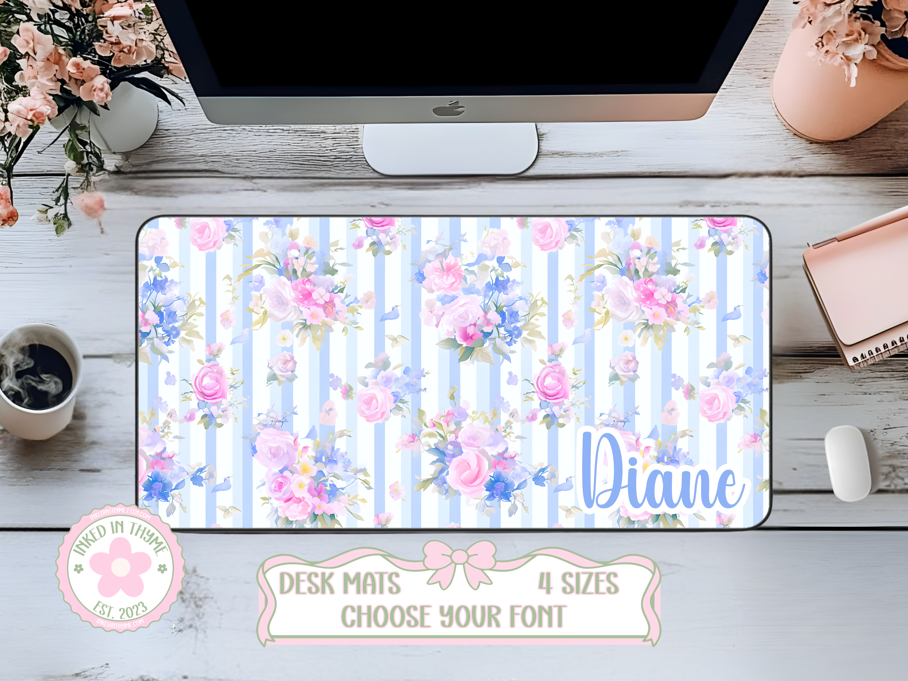 Custom Blue Stripe Floral Desk Mat, Large Mousepad, Office Dorm Decor, Co Worker Teacher Gift, Home Office Desk Supplies