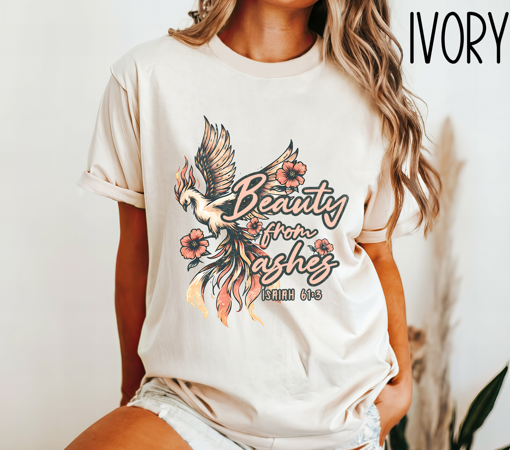 Beauty from Ashes T-Shirt, Inspirational Tee, Faith-Based Apparel, Spiritual Gift, Unisex Graphic Shirt, Phoenix Design, Isaiah 61:3