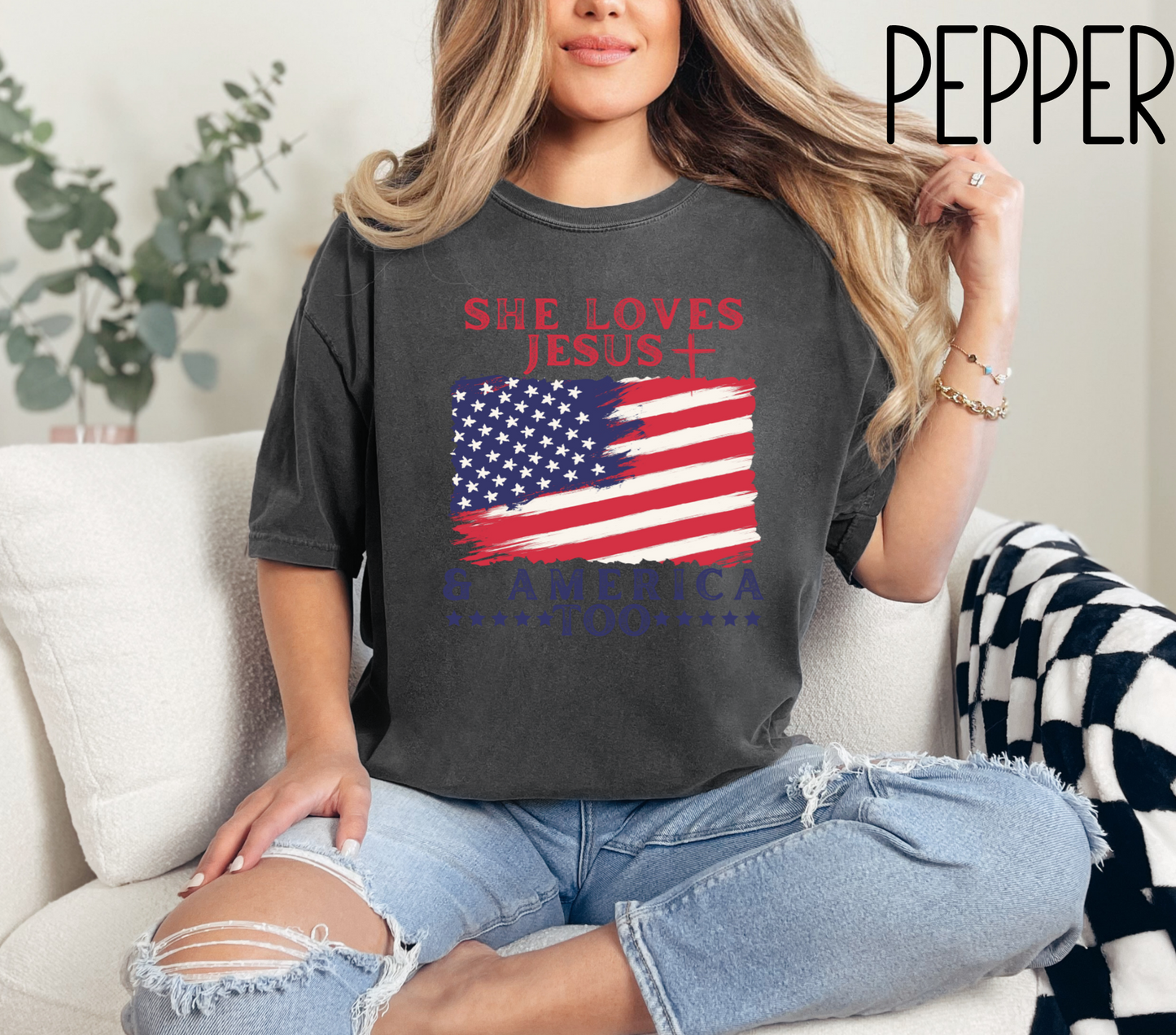 She Loves Jesus And America Too Comfort Colors Bible Verse Tshirt-Religious Christian Shirts-Faith Based Gift For Her-Patriotic Shirt