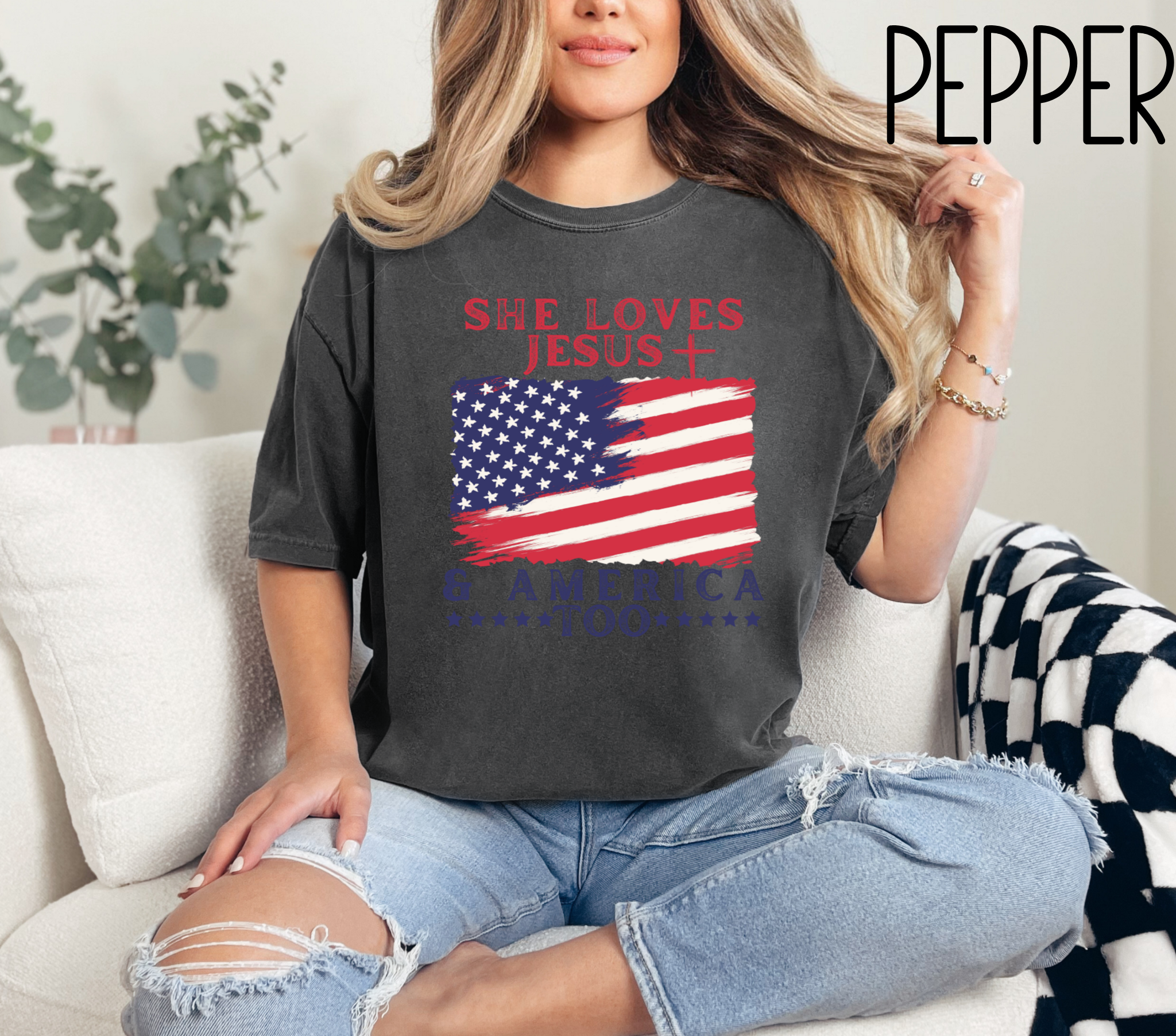 She Loves Jesus And America Too Comfort Colors Bible Verse Tshirt-Religious Christian Shirts-Faith Based Gift For Her-Patriotic Shirt