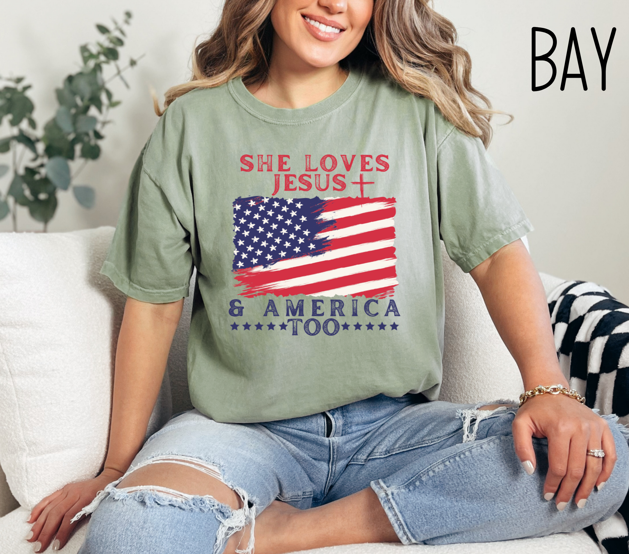 She Loves Jesus And America Too Comfort Colors Bible Verse Tshirt-Religious Christian Shirts-Faith Based Gift For Her-Patriotic Shirt