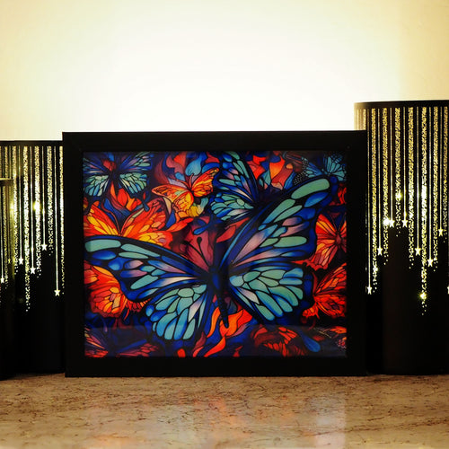 Blue Butterflies Stained Glass Look Light Box, LED Shadow Box, Night Light, Light Up Frame