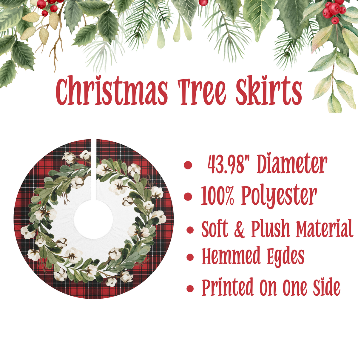 Plaid & Cotton Blossom Christmas Tree Skirt, Round Tree Skirt, Christmas Decor, Christmas Gift