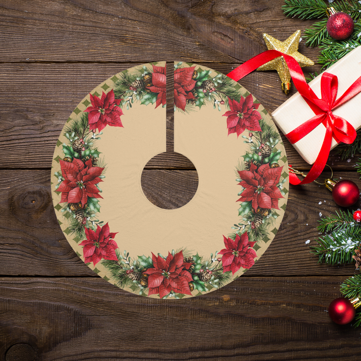 Poinsettias Christmas Tree Skirt, Christmas Tree Decor, Christmas Holiday Decor, Christmas Gift, Poinsettia Decor, Rustic Holiday Decor