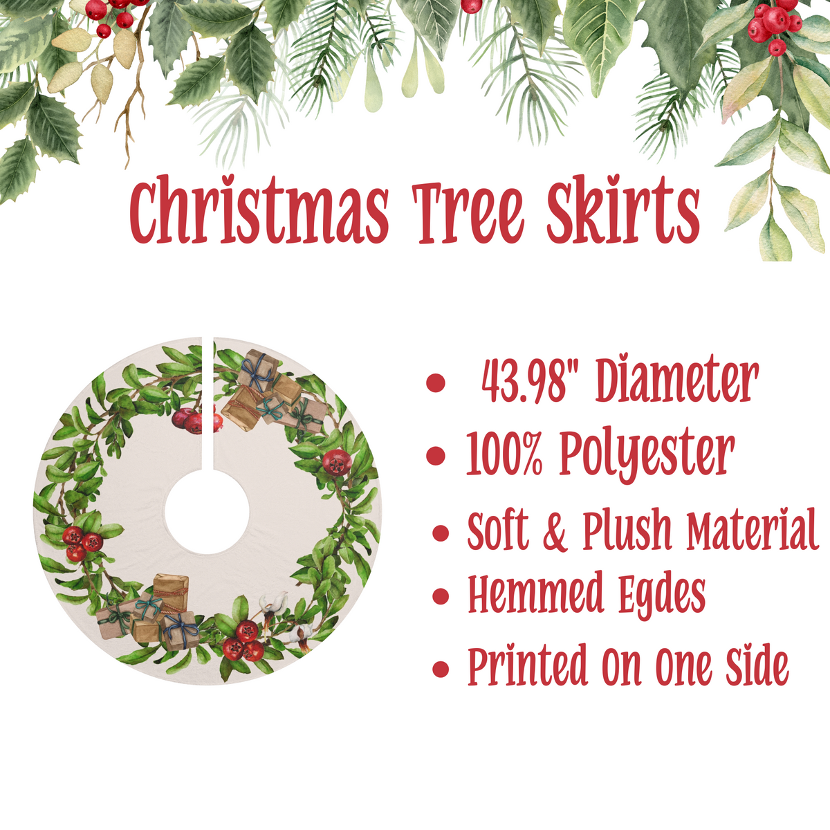 Christmas Tree Skirt  Festive Wreath Design, Holiday Decor, Gift for Christmas, Christmas Tree Decor, Holiday Decor Gift, Winter Wonderland
