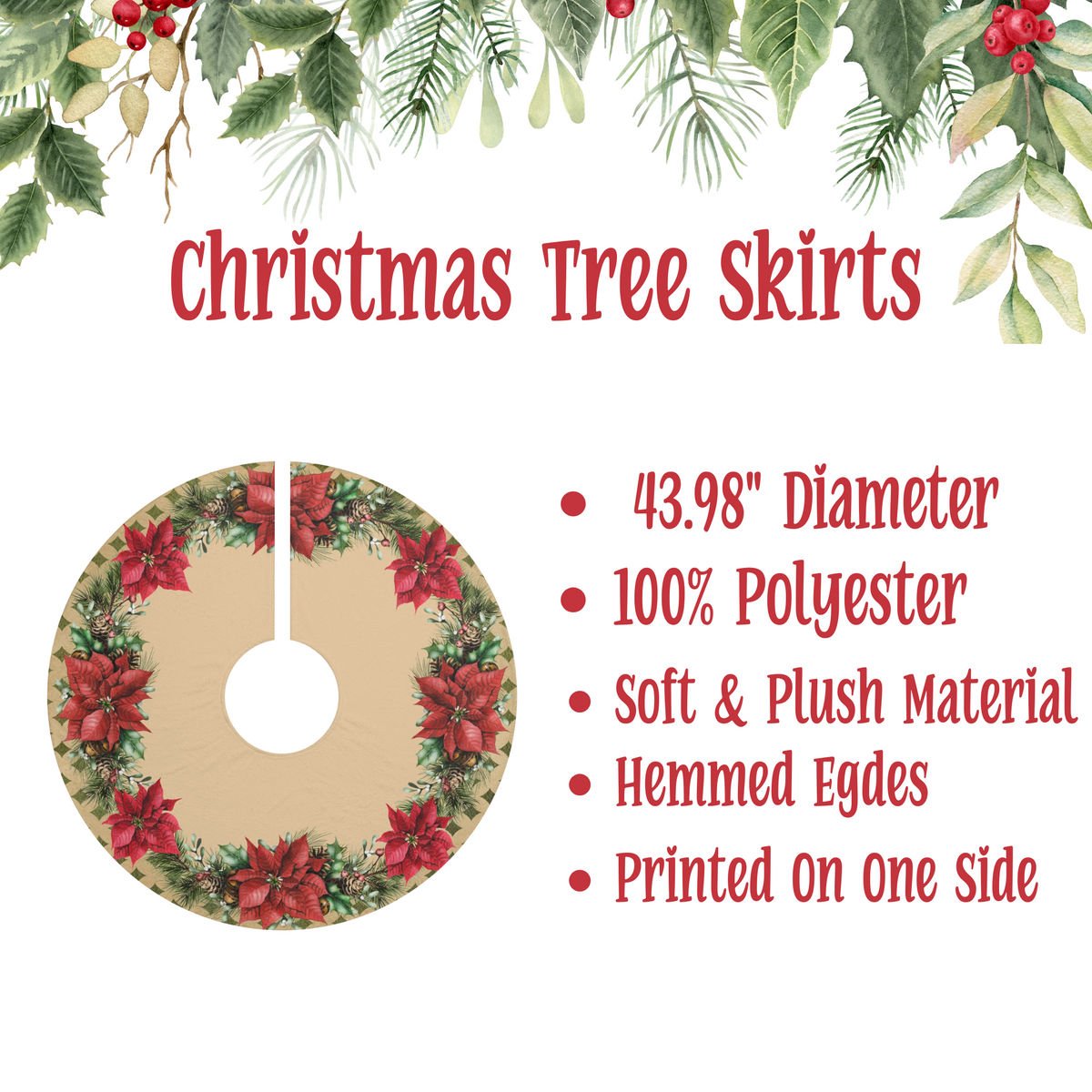 Poinsettias Christmas Tree Skirt, Christmas Tree Decor, Christmas Holiday Decor, Christmas Gift, Poinsettia Decor, Rustic Holiday Decor