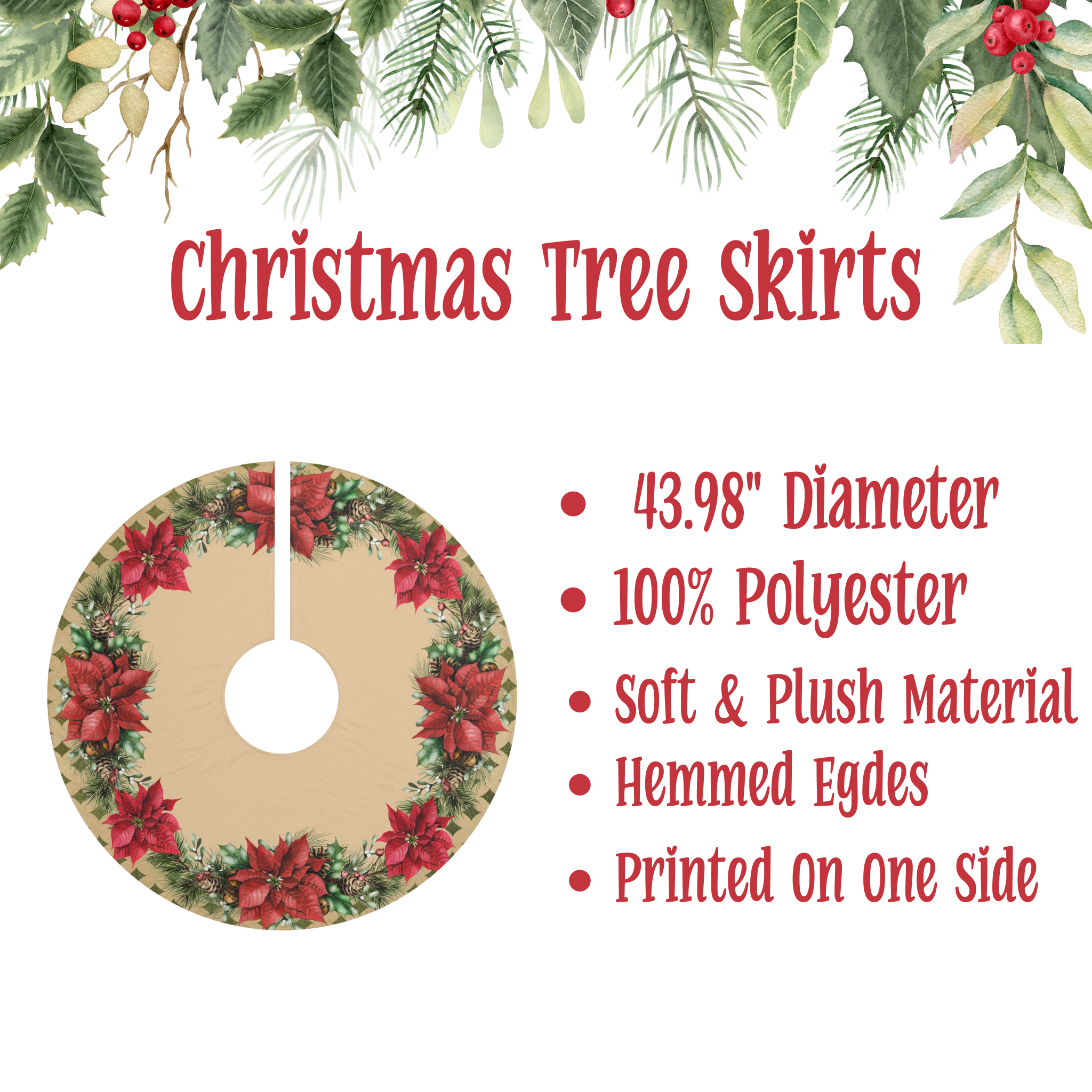 Poinsettias Christmas Tree Skirt, Christmas Tree Decor, Christmas Holiday Decor, Christmas Gift, Poinsettia Decor, Rustic Holiday Decor