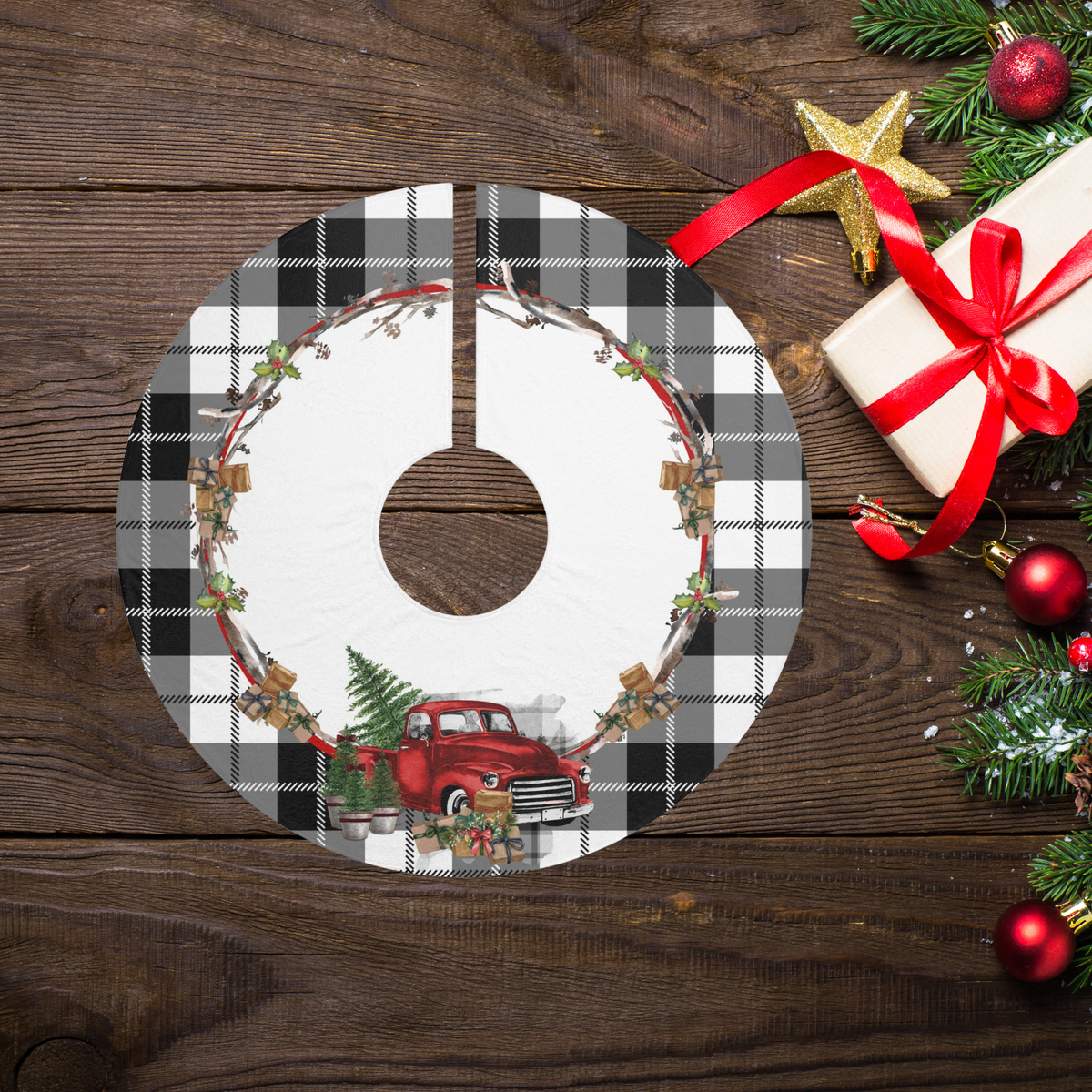 Buffalo Plaid Rustic Christmas Red Truck Tree Skirt, Rustic Holiday Decor, Farmhouse Style, Tree Decoration, Winter Wonderland