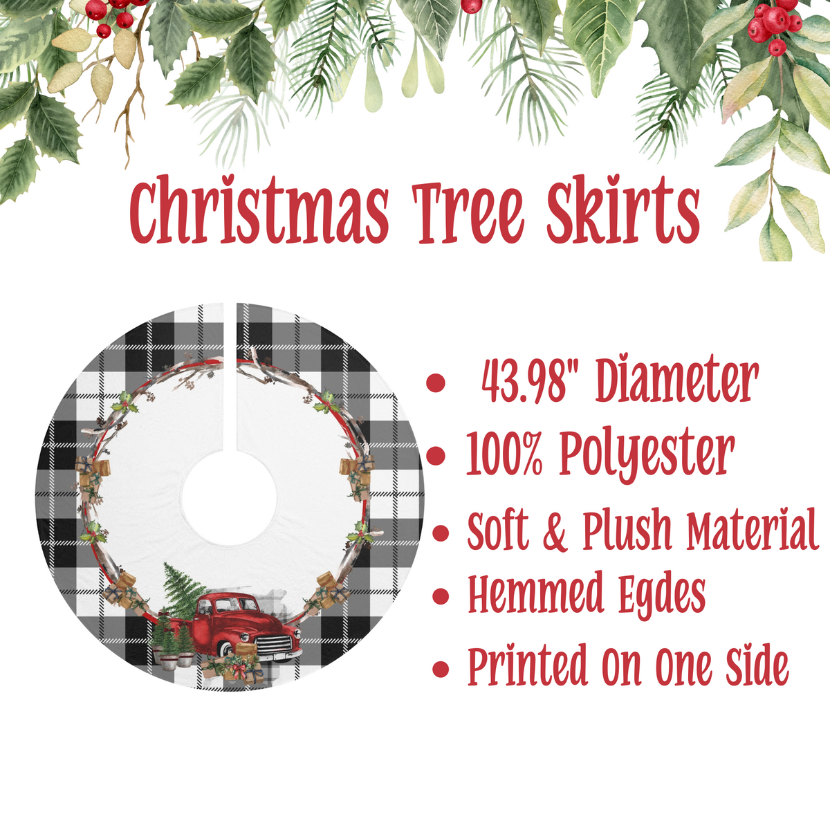 Buffalo Plaid Rustic Christmas Red Truck Tree Skirt, Rustic Holiday Decor, Farmhouse Style, Tree Decoration, Winter Wonderland