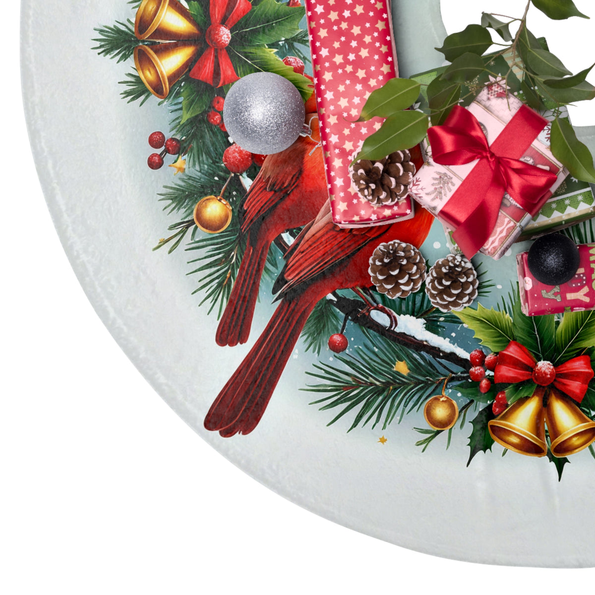 Cardinals and Christmas Bells Christmas Tree Skirt, Round Tree Skirt, Christmas Tree Decor