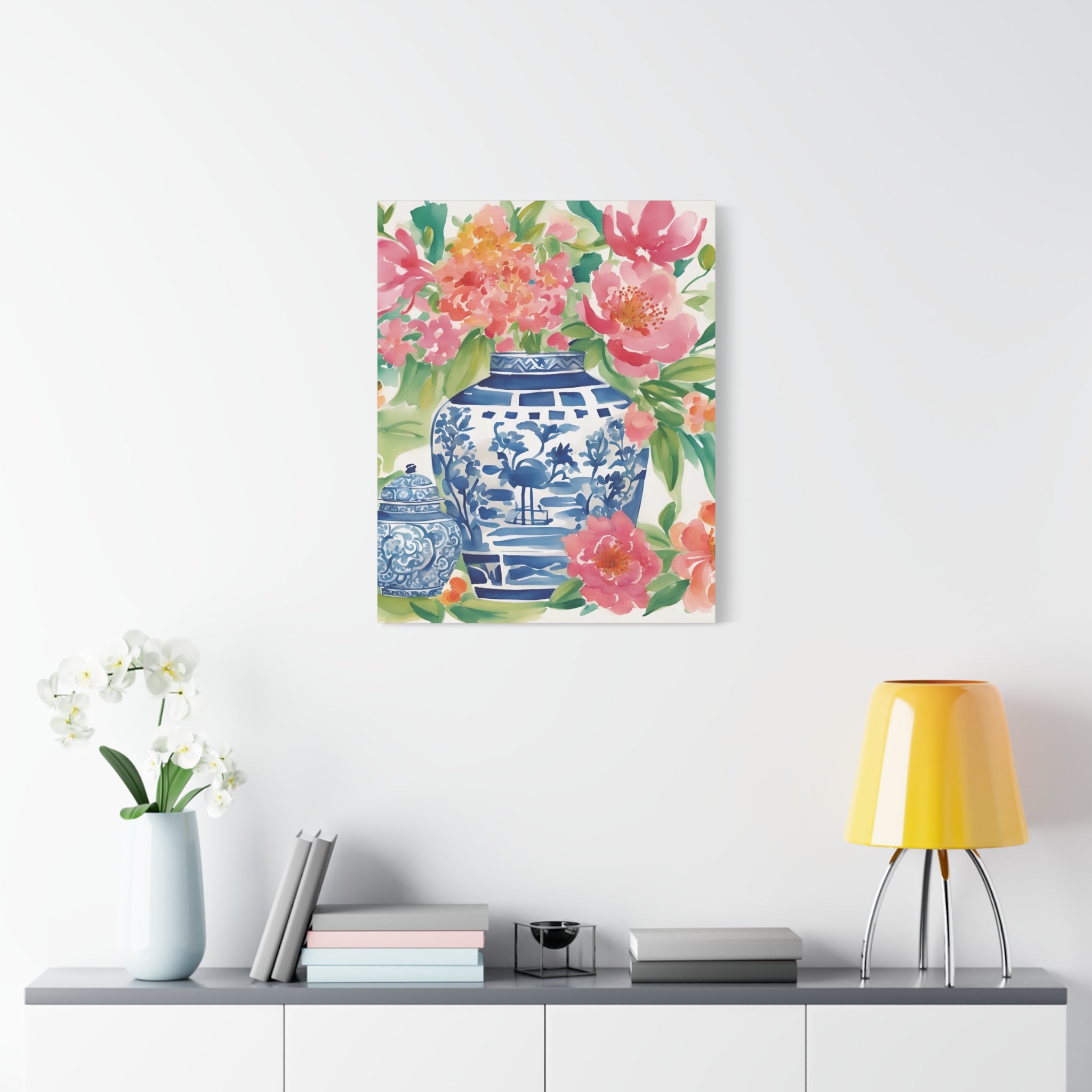 Chinoiserie Floral Canvas Wall Art, Watercolor Floral Art, Botanical Art, Grandmillenial Decor, Ginger Jar Decor, Gift For Her