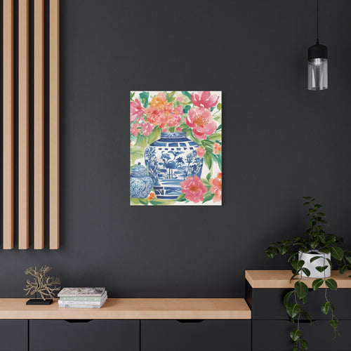 Chinoiserie Floral Canvas Wall Art, Watercolor Floral Art, Botanical Art, Grandmillenial Decor, Ginger Jar Decor, Gift For Her