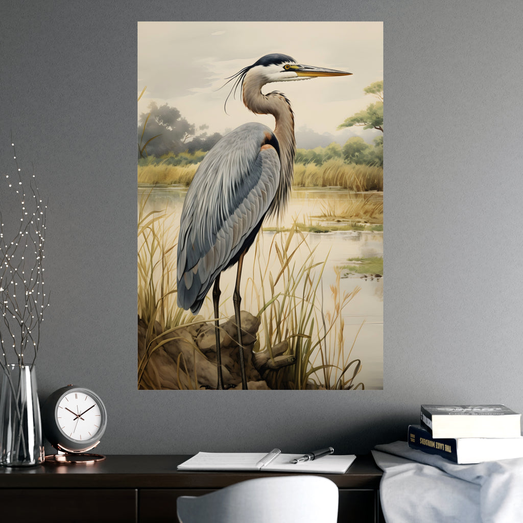 Serene Heron Art Print, Matte Poster, Nature Decor, Bird Lover's Gift, Coastal Bird Print, Blue Heron Print, Wedding Gift, Gift For Mom