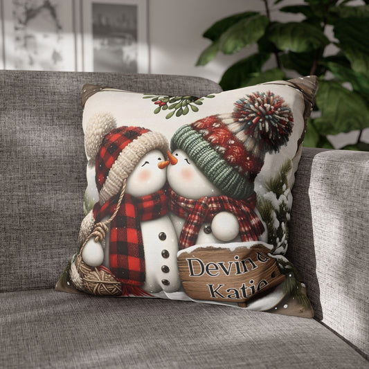 Personalized Kissing Snowman Couple Double Sided Pillow or Pillow Cover - Christmas Decor- Engagement Gift - Newlywed Gift