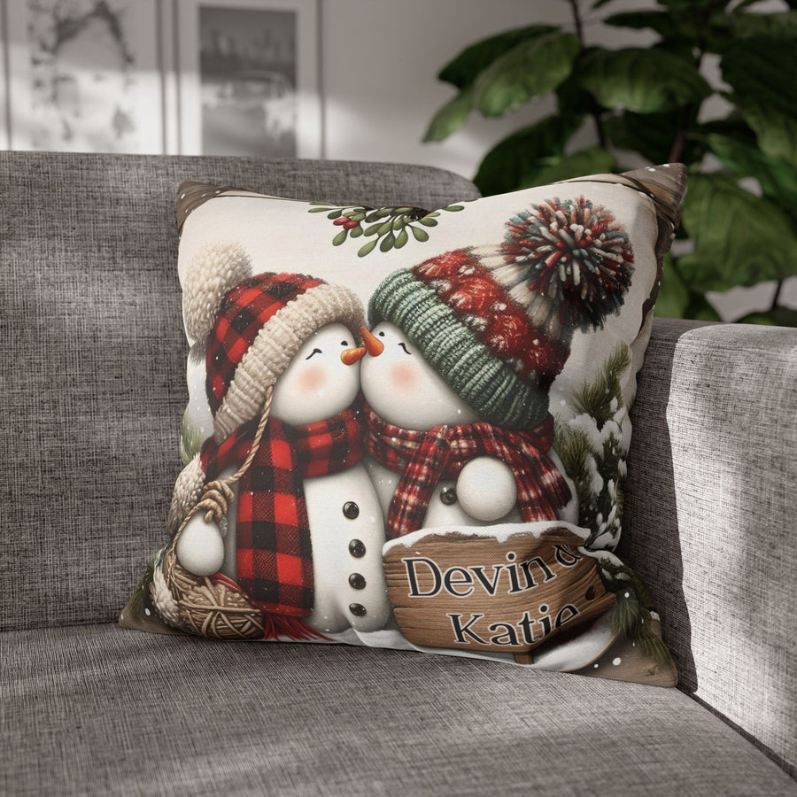 Personalized Kissing Snowman Couple Double Sided Pillow or Pillow Cover - Christmas Decor- Engagement Gift - Newlywed Gift