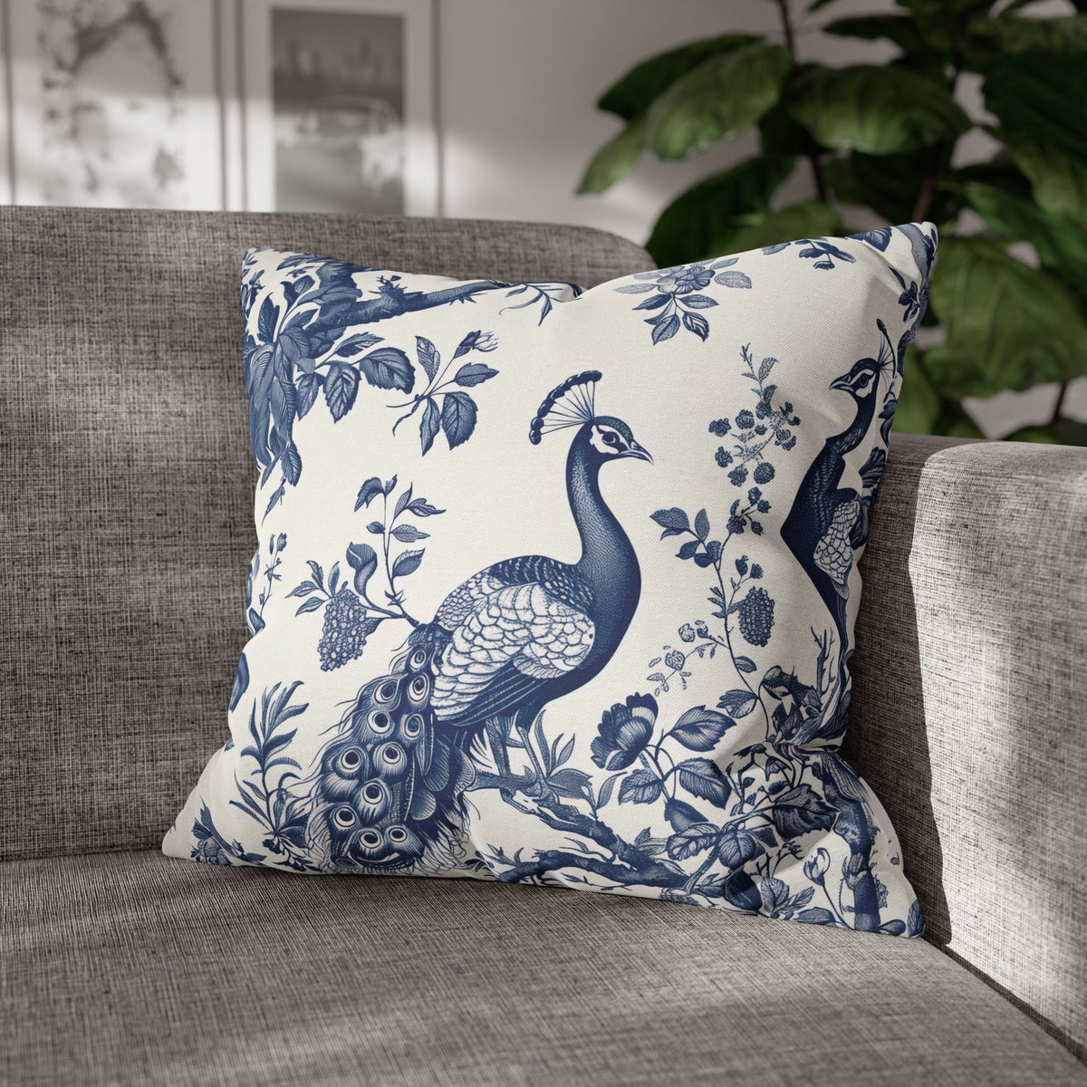 Blue Chinoiserie Peacock Double Sided Square Pillow or Pillow Cover , Grandmillennial Throw Pillow, Preppy Blue Bedroom Living Room Decor