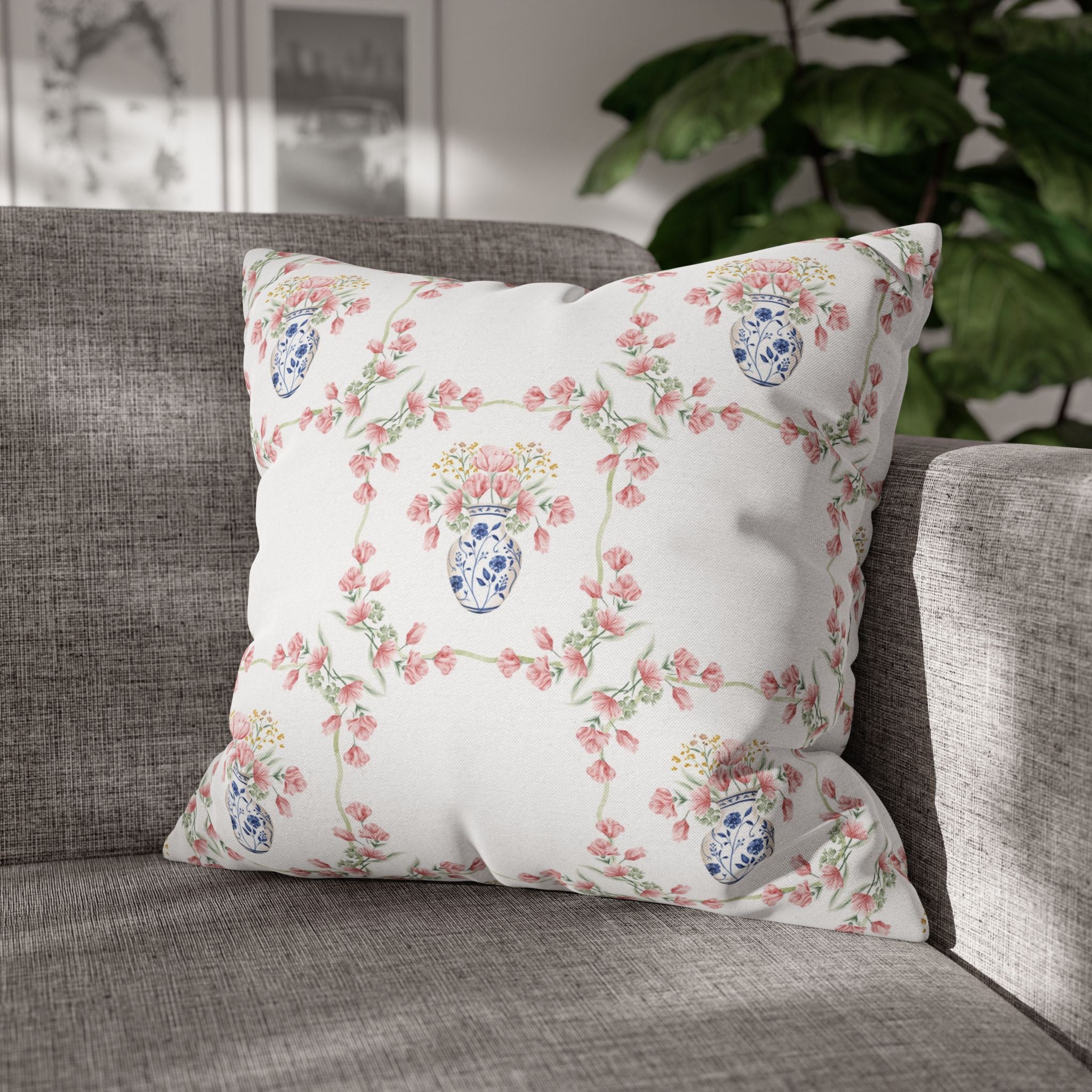 Blue Chinoiserie Jar Floral Double Sided Square Pillow or Pillow Cover , Grandmillennial Throw Pillow, Preppy Blue Bedroom Living Room Decor