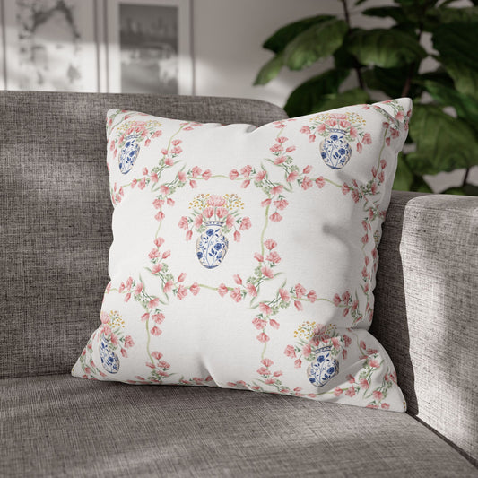 Blue Chinoiserie Jar Floral Double Sided Square Pillow or Pillow Cover , Grandmillennial Throw Pillow, Preppy Blue Bedroom Living Room Decor