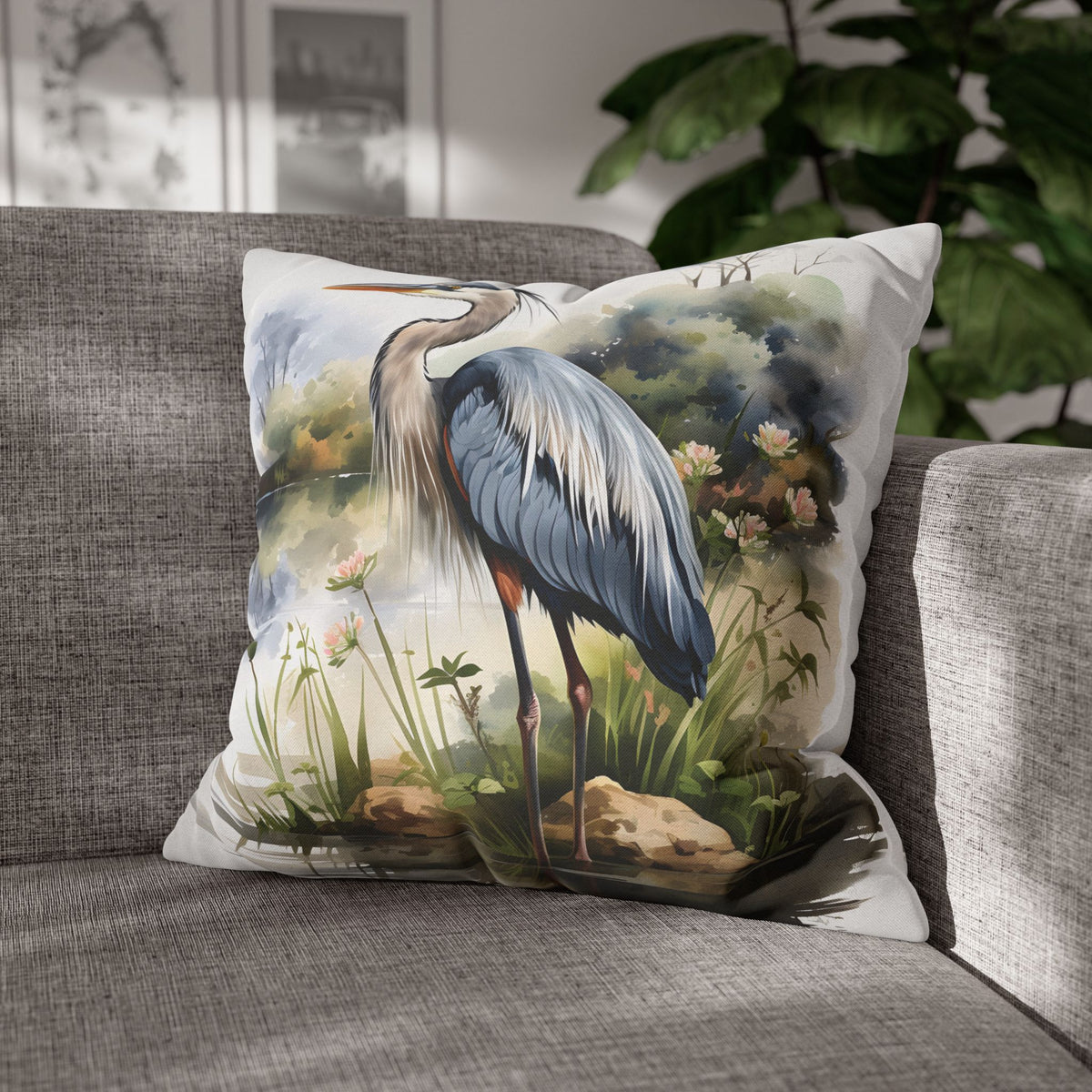 Blue Heron Double Sided Square Pillow or Pillow Cover ,Heron Throw Pillow, Bird Lover Bedroom Living Room Coastal Decor, Housewarming Gift