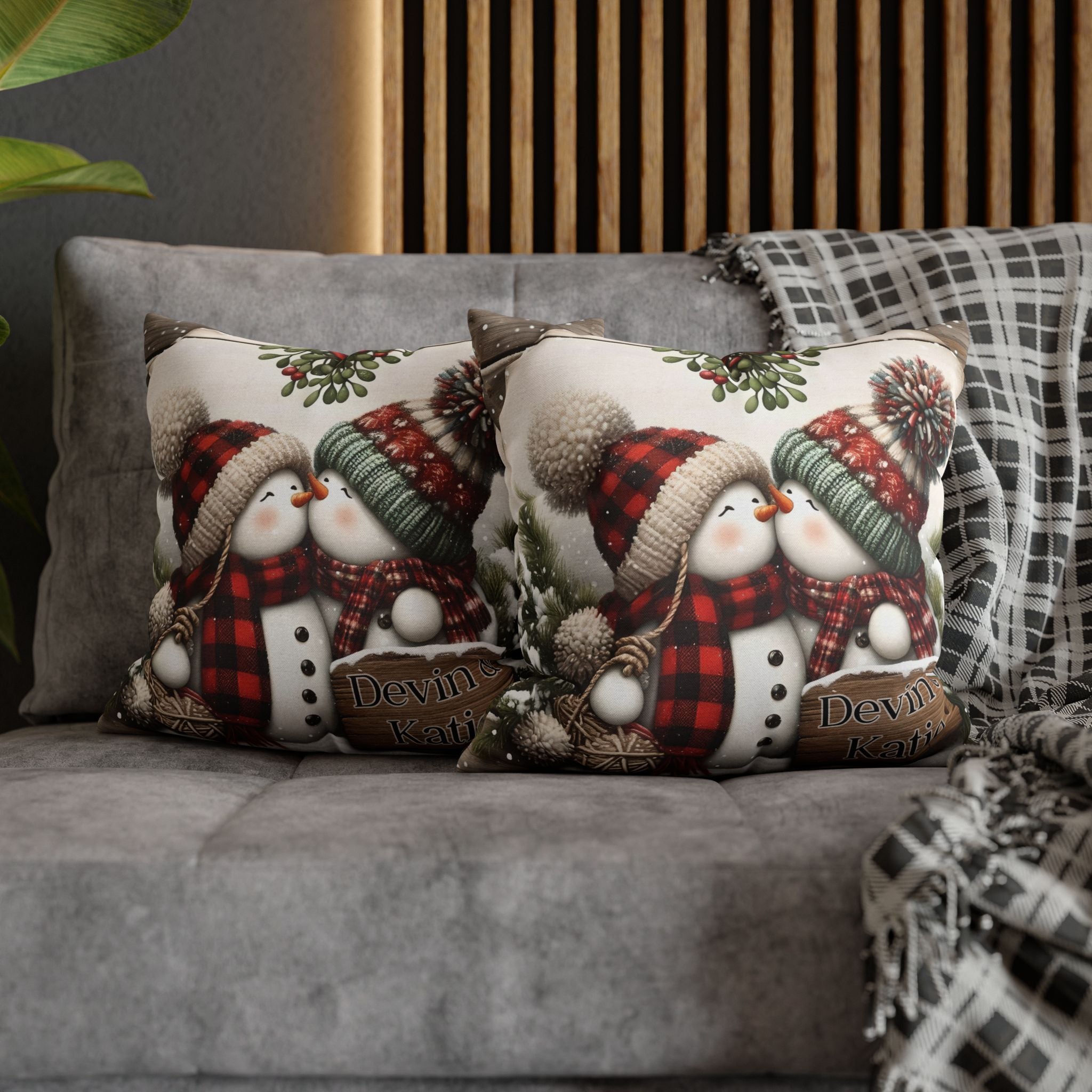 Personalized Kissing Snowman Couple Double Sided Pillow or Pillow Cover - Christmas Decor- Engagement Gift - Newlywed Gift