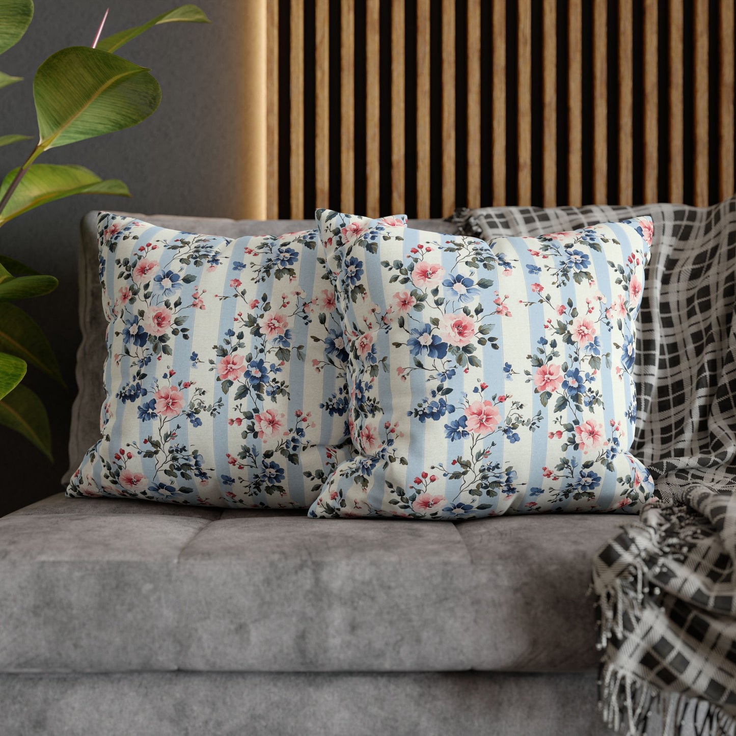 Blue Stripe Floral Double Sided Square Pillow or Pillow Cover , Grandmillennial Throw Pillow, Bedroom Living Room Decor, Shabby Chic Decor,