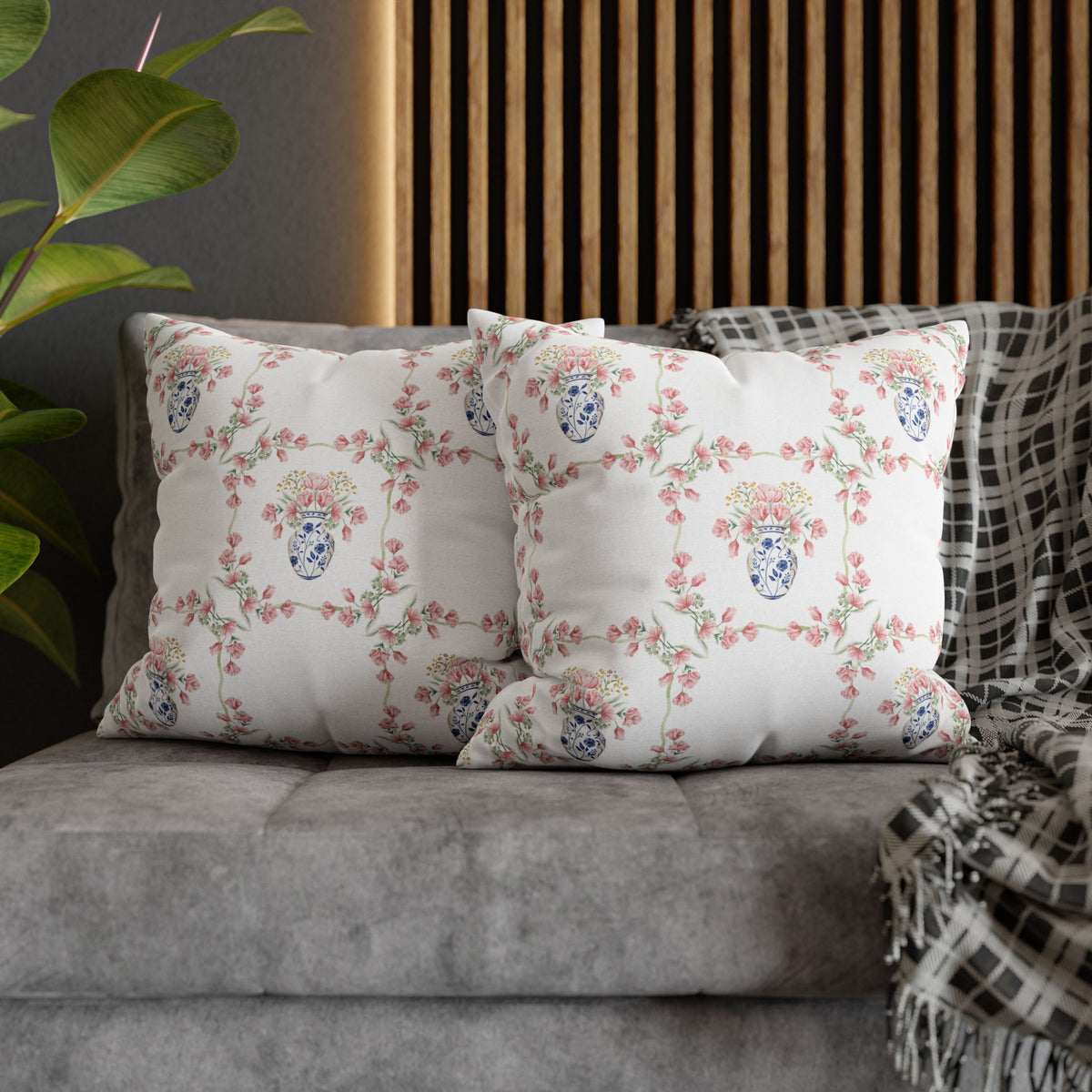 Blue Chinoiserie Jar Floral Double Sided Square Pillow or Pillow Cover , Grandmillennial Throw Pillow, Preppy Blue Bedroom Living Room Decor