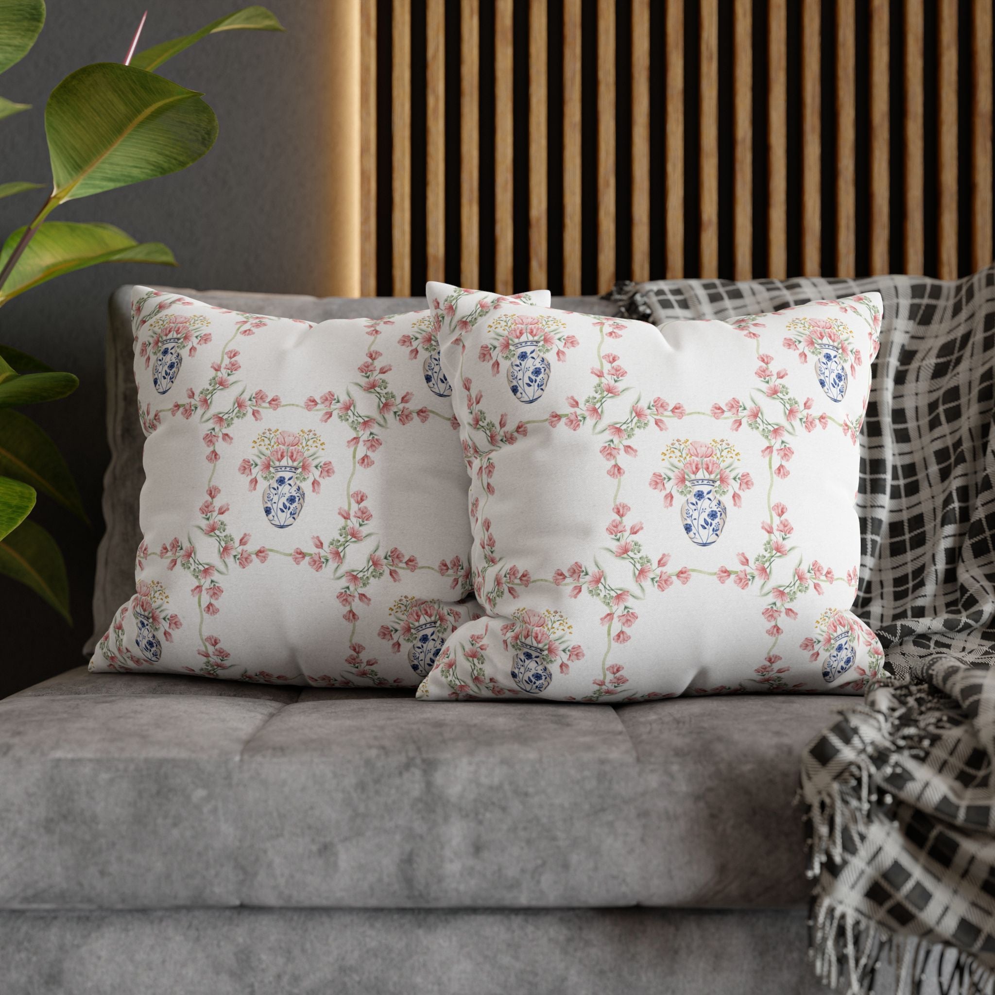 Blue Chinoiserie Jar Floral Double Sided Square Pillow or Pillow Cover , Grandmillennial Throw Pillow, Preppy Blue Bedroom Living Room Decor