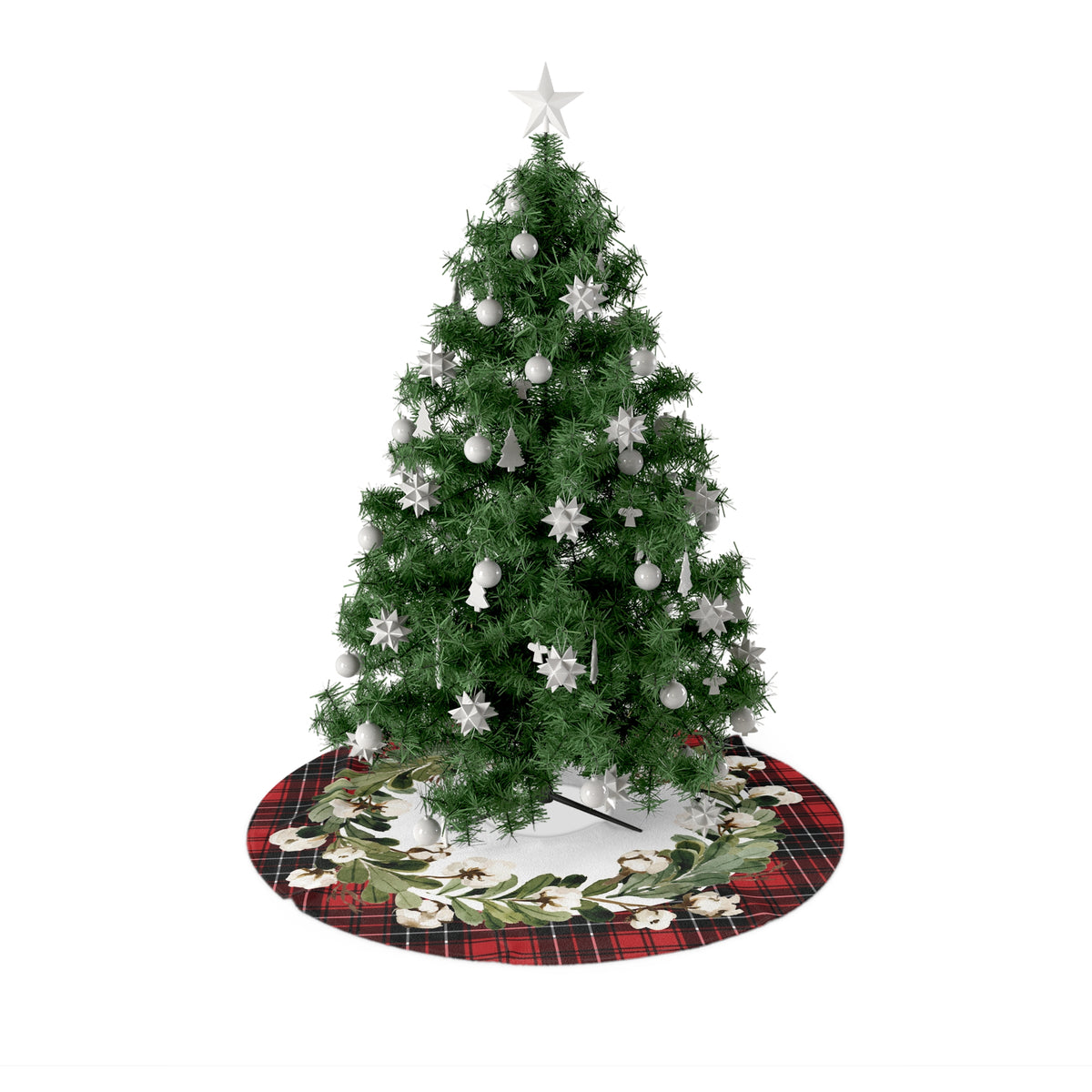 Plaid & Cotton Blossom Christmas Tree Skirt, Round Tree Skirt, Christmas Decor, Christmas Gift