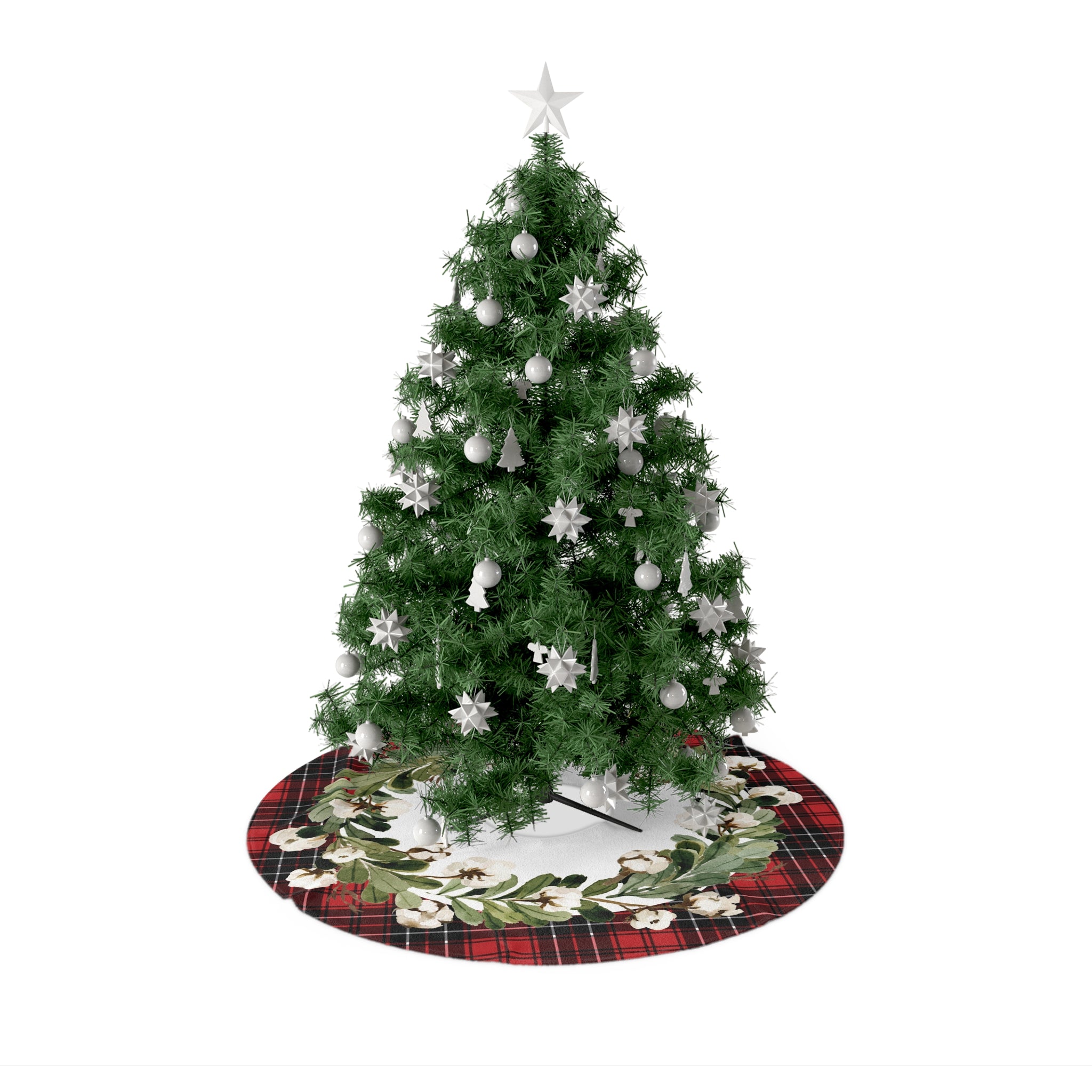 Plaid & Cotton Blossom Christmas Tree Skirt, Round Tree Skirt, Christmas Decor, Christmas Gift