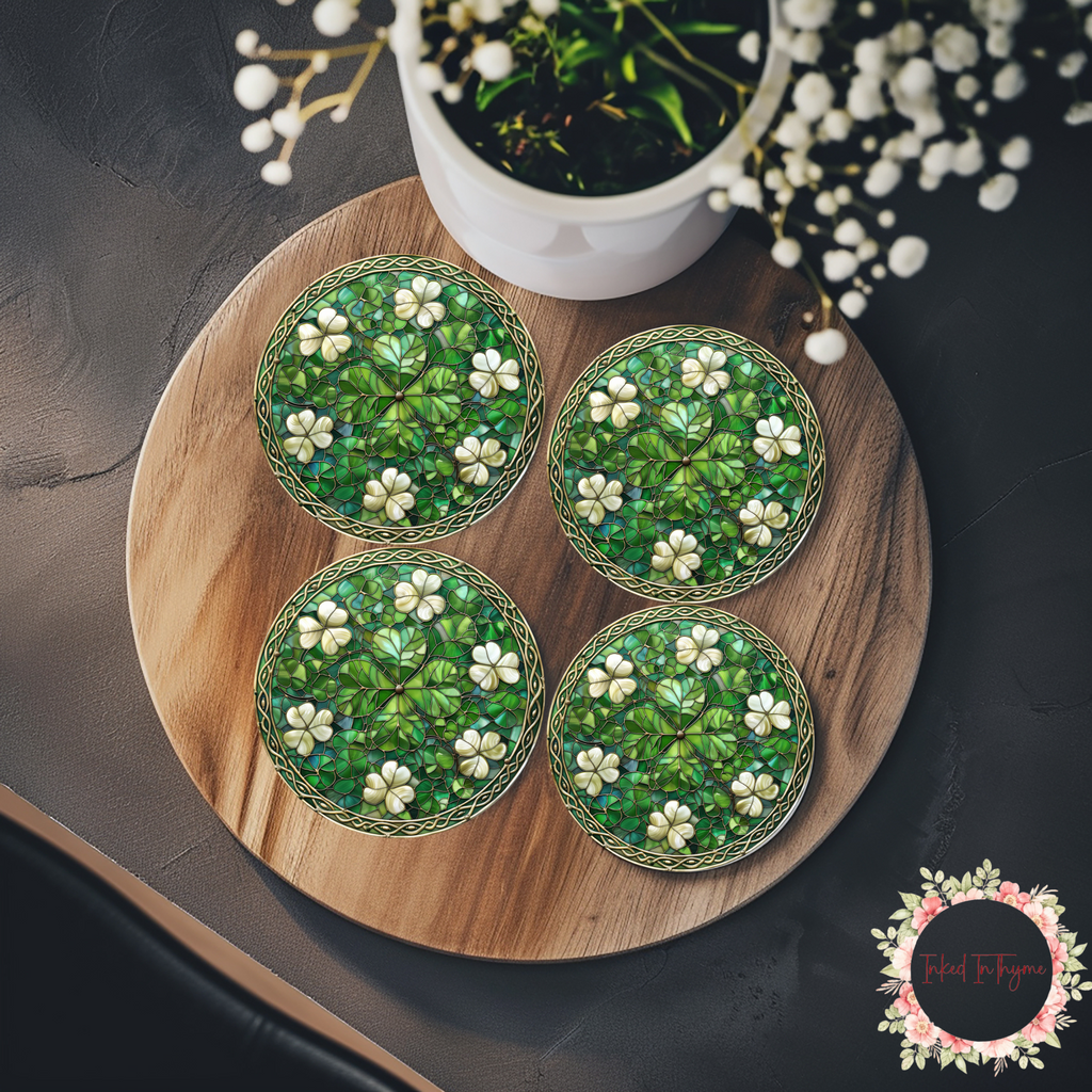 Faux Stained Glass Shamrocks Coaster, Elegant Coffee Table Decor, St Patricks Day Art Gift, Desk Accessory, Ceramic Coasters