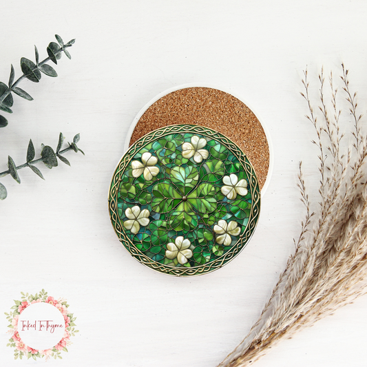 Faux Stained Glass Shamrocks Coaster, Elegant Coffee Table Decor, St Patricks Day Art Gift, Desk Accessory, Ceramic Coasters