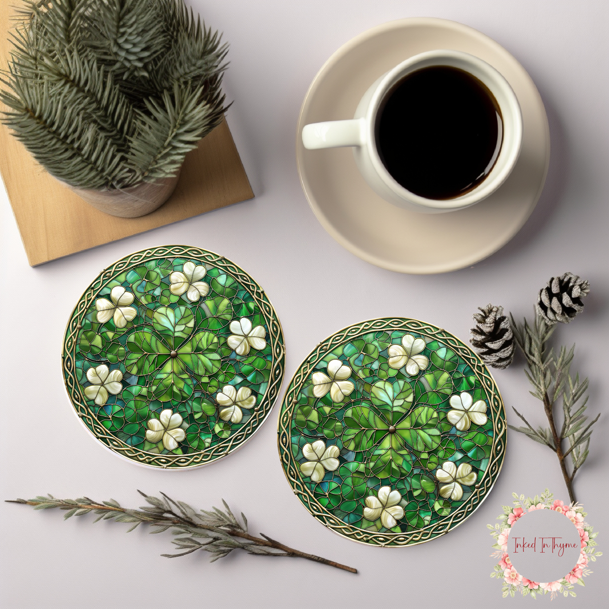 Faux Stained Glass Shamrocks Coaster, Elegant Coffee Table Decor, St Patricks Day Art Gift, Desk Accessory, Ceramic Coasters