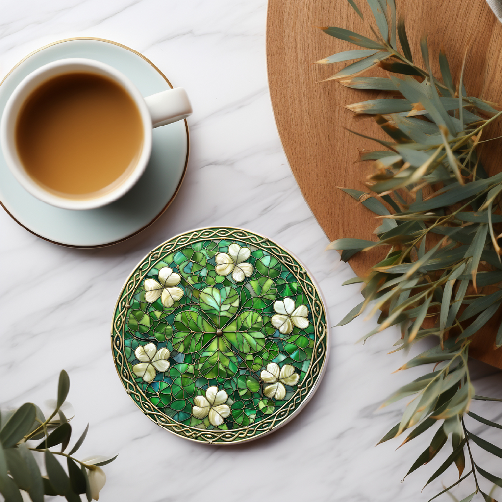 Faux Stained Glass Shamrocks Coaster, Elegant Coffee Table Decor, St Patricks Day Art Gift, Desk Accessory, Ceramic Coasters