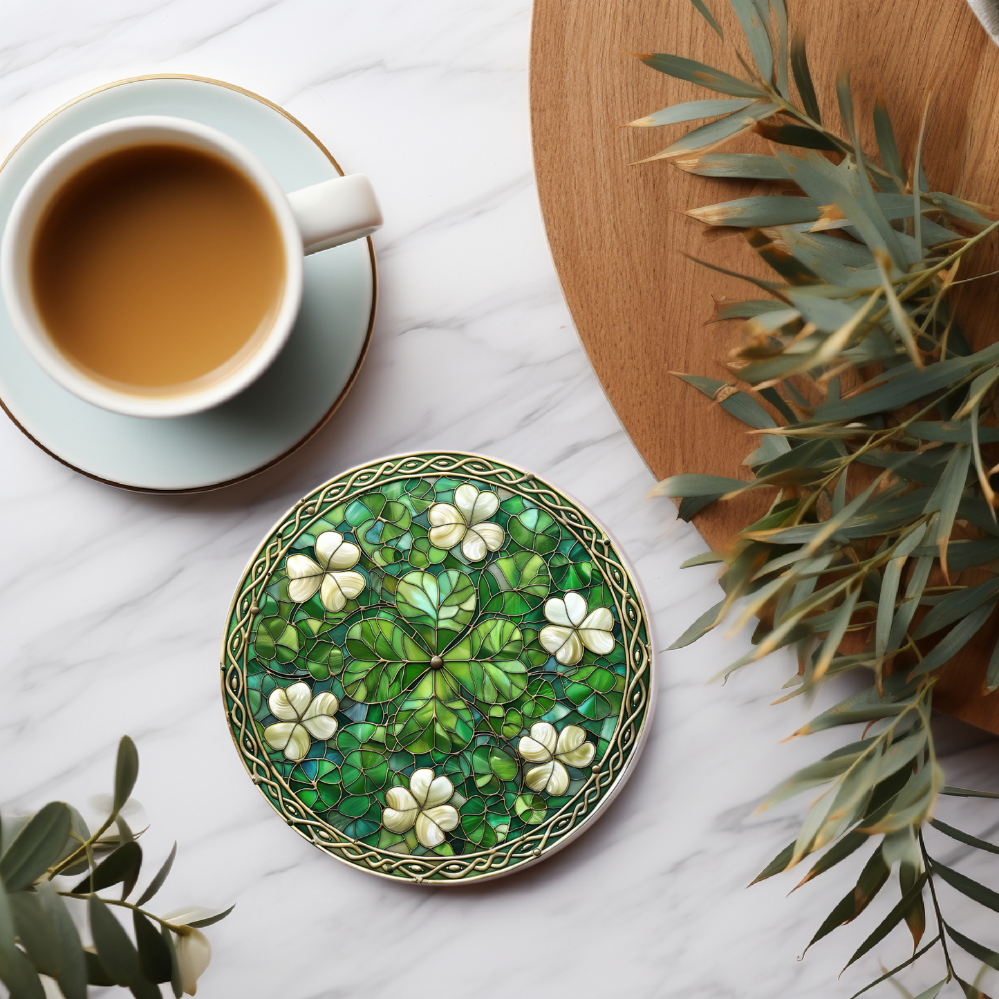 Faux Stained Glass Shamrocks Coaster, Elegant Coffee Table Decor, St Patricks Day Art Gift, Desk Accessory, Ceramic Coasters