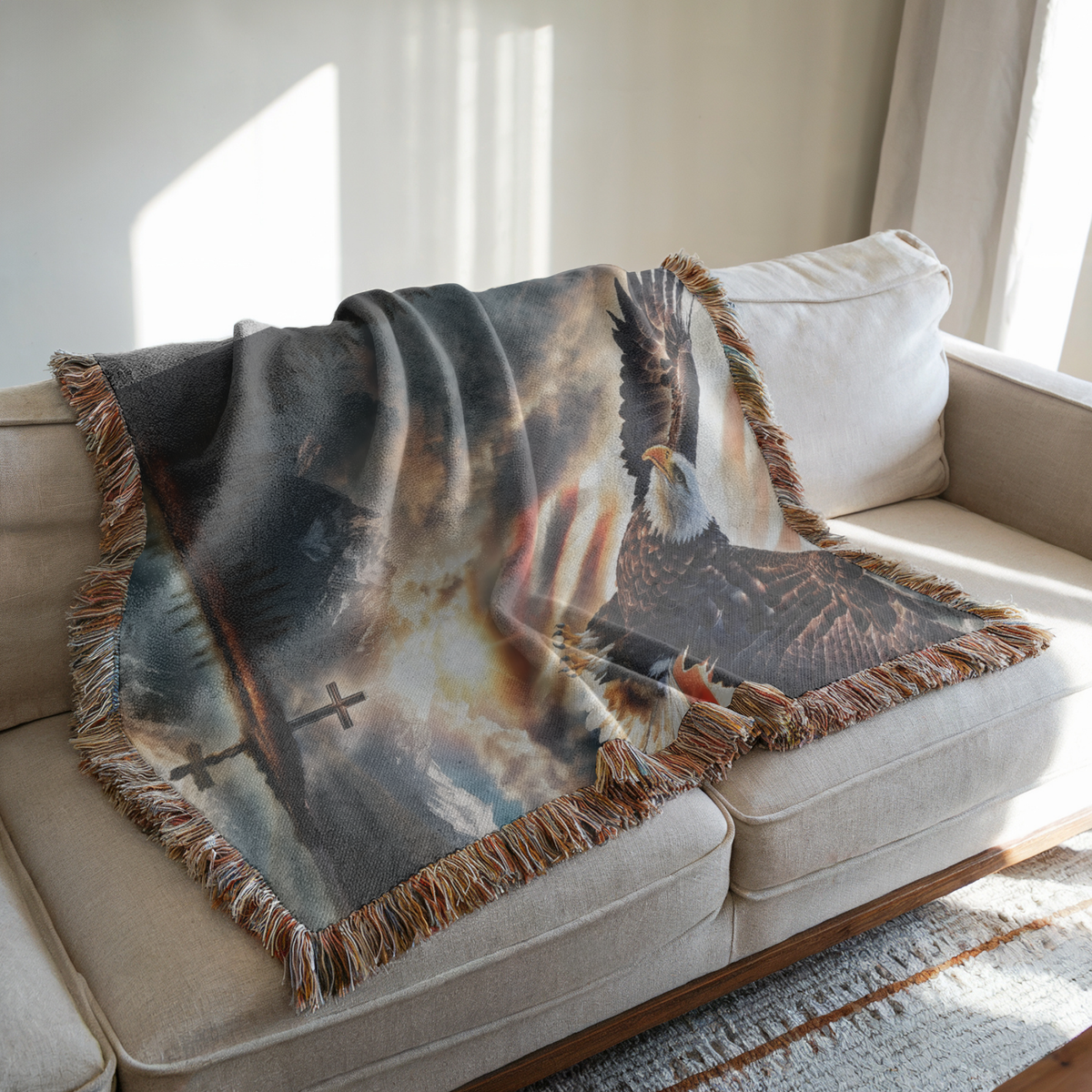 Spirit Of Freedom Eagle & American Flag Woven Blanket, Throw Blanket, Bedroom Decor, Living Room Decor, Patriotic Decor Gift, Fathers Day Gift