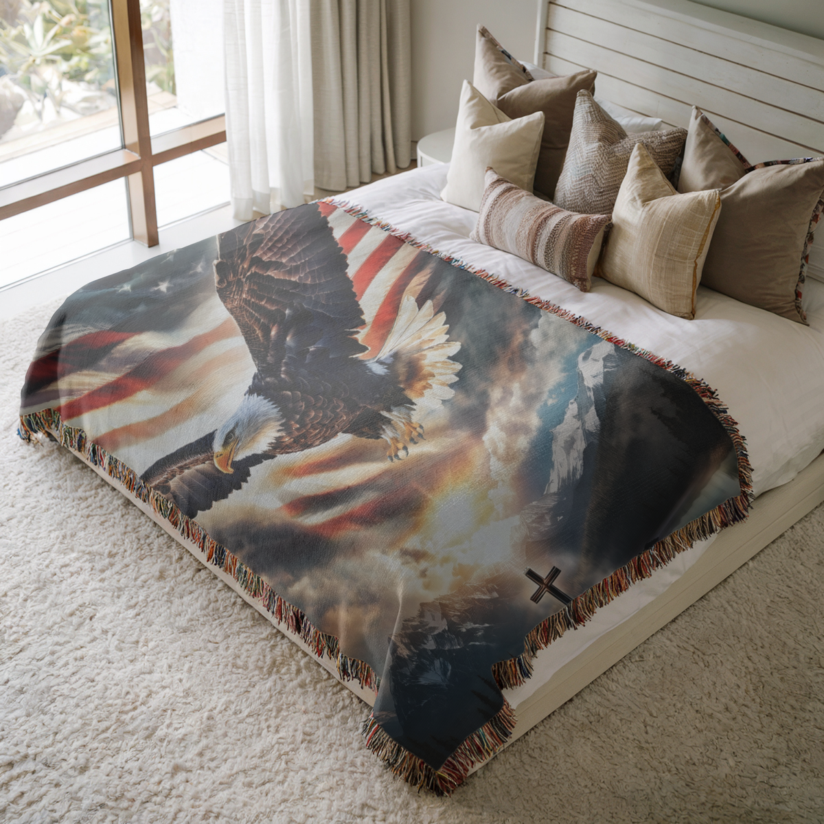 Spirit Of Freedom Eagle & American Flag Woven Blanket, Throw Blanket, Bedroom Decor, Living Room Decor, Patriotic Decor Gift, Fathers Day Gift