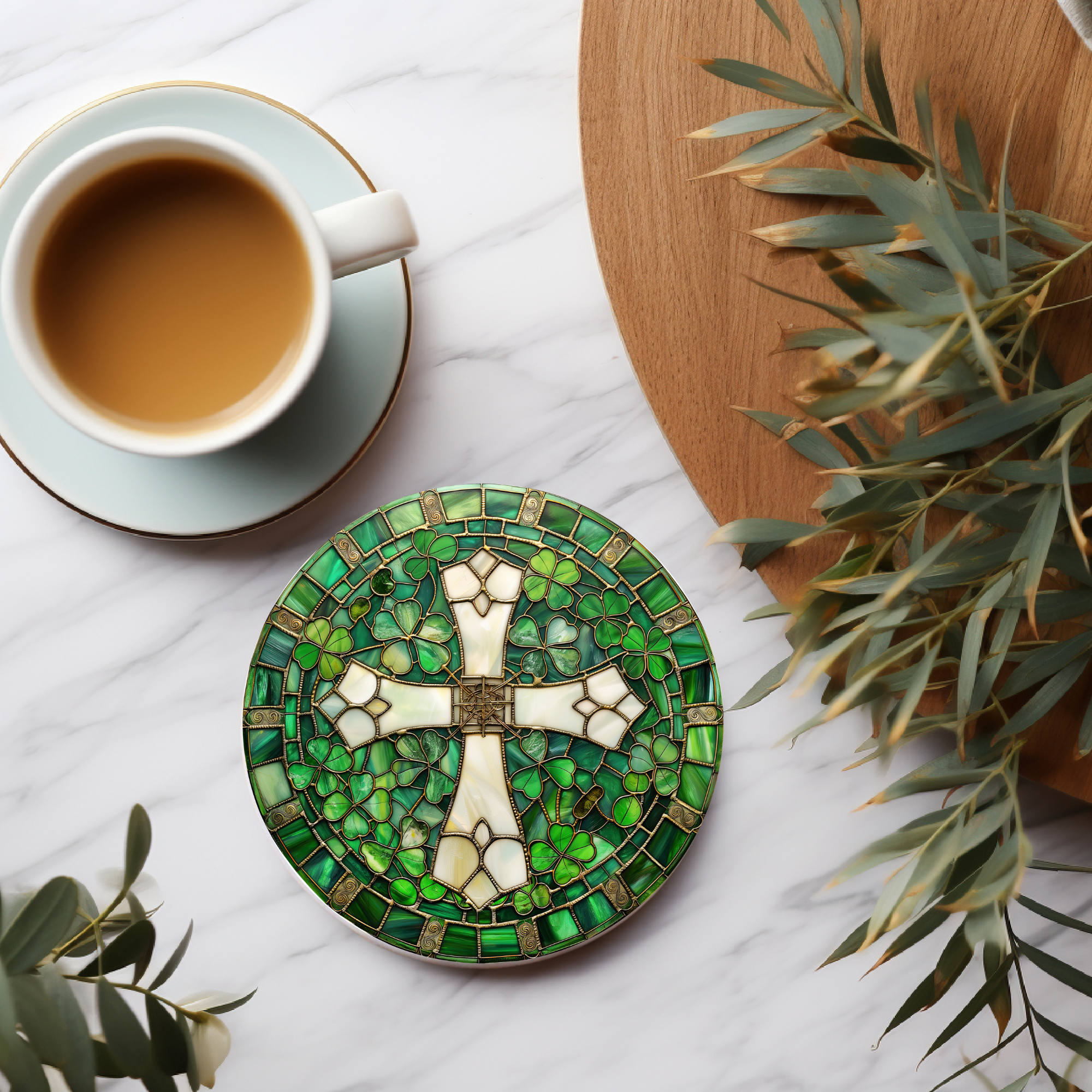 Faux Stained Glass Celtic Cross Ceramic Coaster, Elegant Coffee Table Decor, Celtic Art Gift, Desk Accessory, Ceramic Coasters, Irish Gift