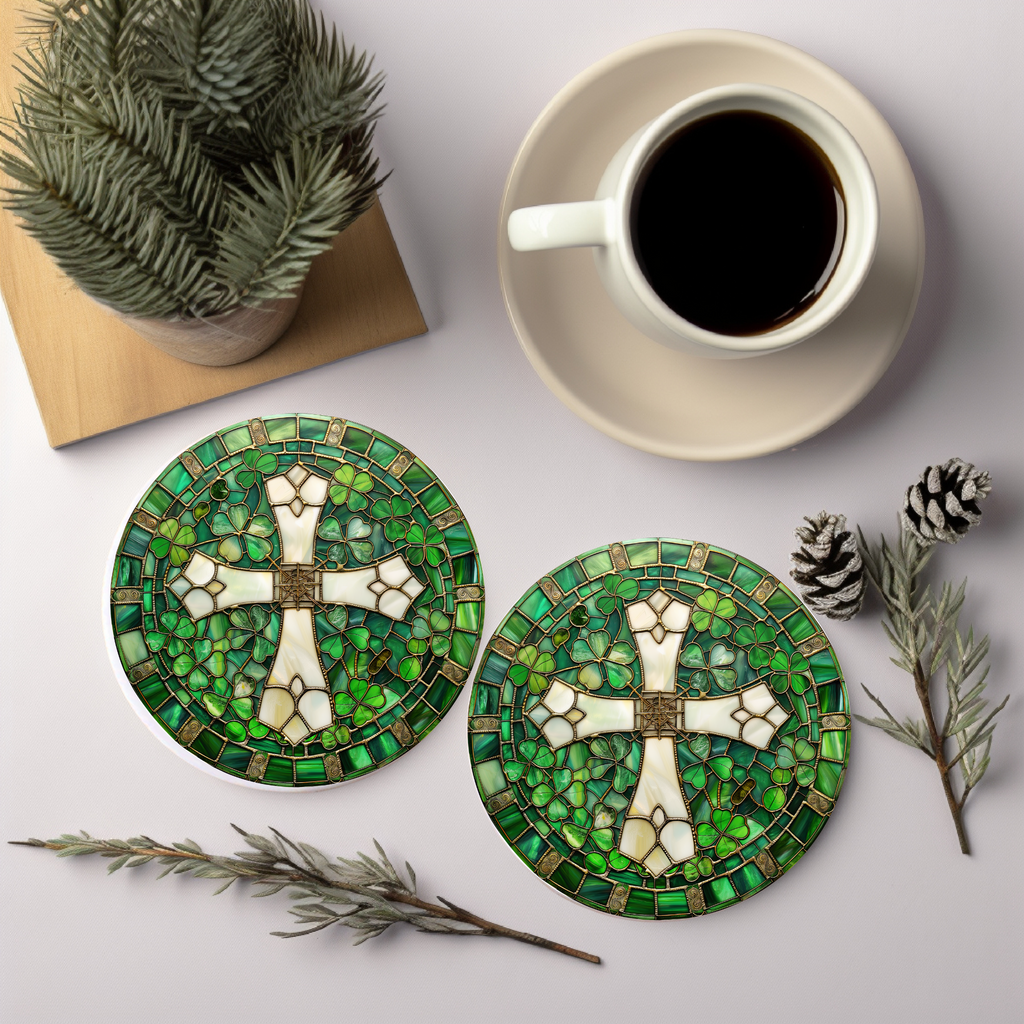 Faux Stained Glass Celtic Cross Ceramic Coaster, Elegant Coffee Table Decor, Celtic Art Gift, Desk Accessory, Ceramic Coasters, Irish Gift