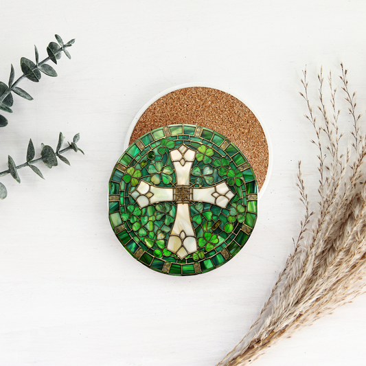 Faux Stained Glass Celtic Cross Ceramic Coaster, Elegant Coffee Table Decor, Celtic Art Gift, Desk Accessory, Ceramic Coasters, Irish Gift